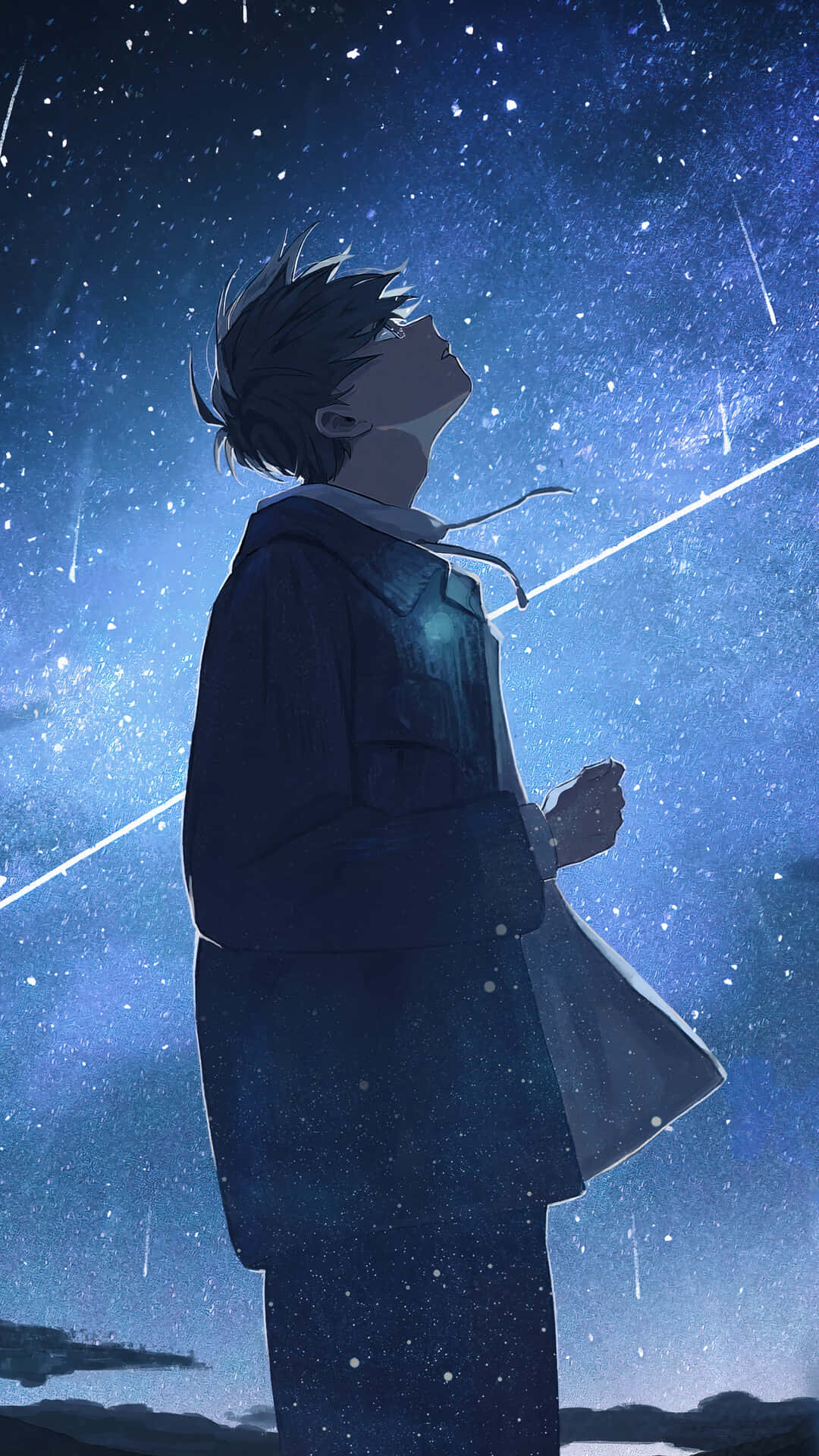 Sad Anime Death 桌布 壁紙 — 一個穿著外套的年輕動漫男孩抬頭仰望充滿流星的 vibrant 星空。