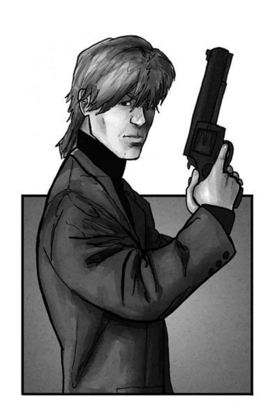 Ghost In The Shell Togusa 桌布 壁紙 — 一個穿著外套的男人在鮮明的黑白插圖中手持手槍，表情嚴肅。