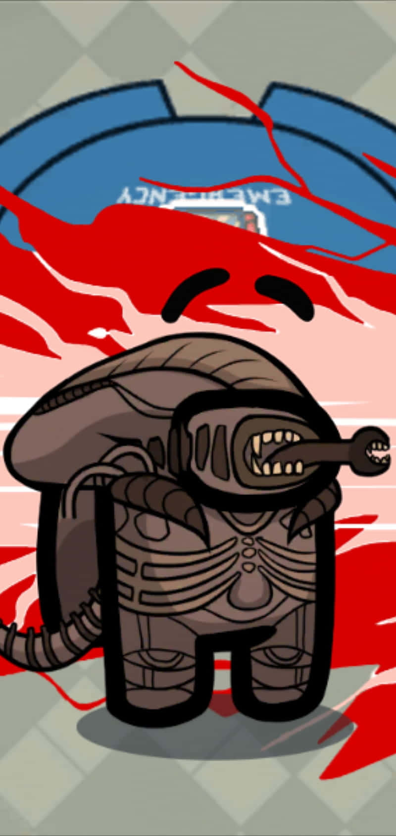 Among US Character 桌布 壁紙 — 一個穿著太空衣的卡通外星人，背景有血跡和緊急標誌。