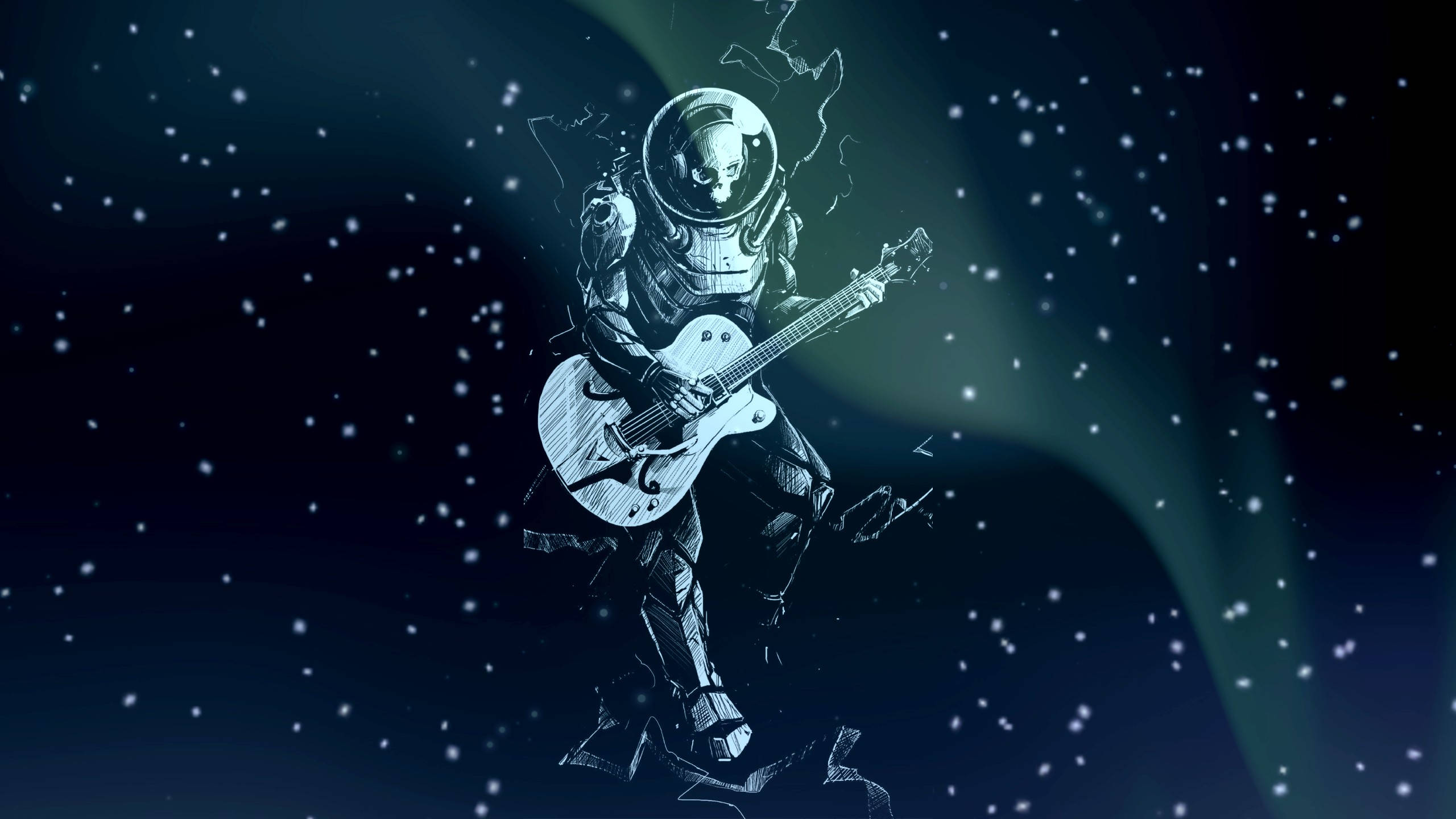 Astronaut In Space 桌布 壁紙 — 一個穿著太空衣的骷髏太空人在星光燦爛的宇宙背景下彈吉他，背景有綠色極光。