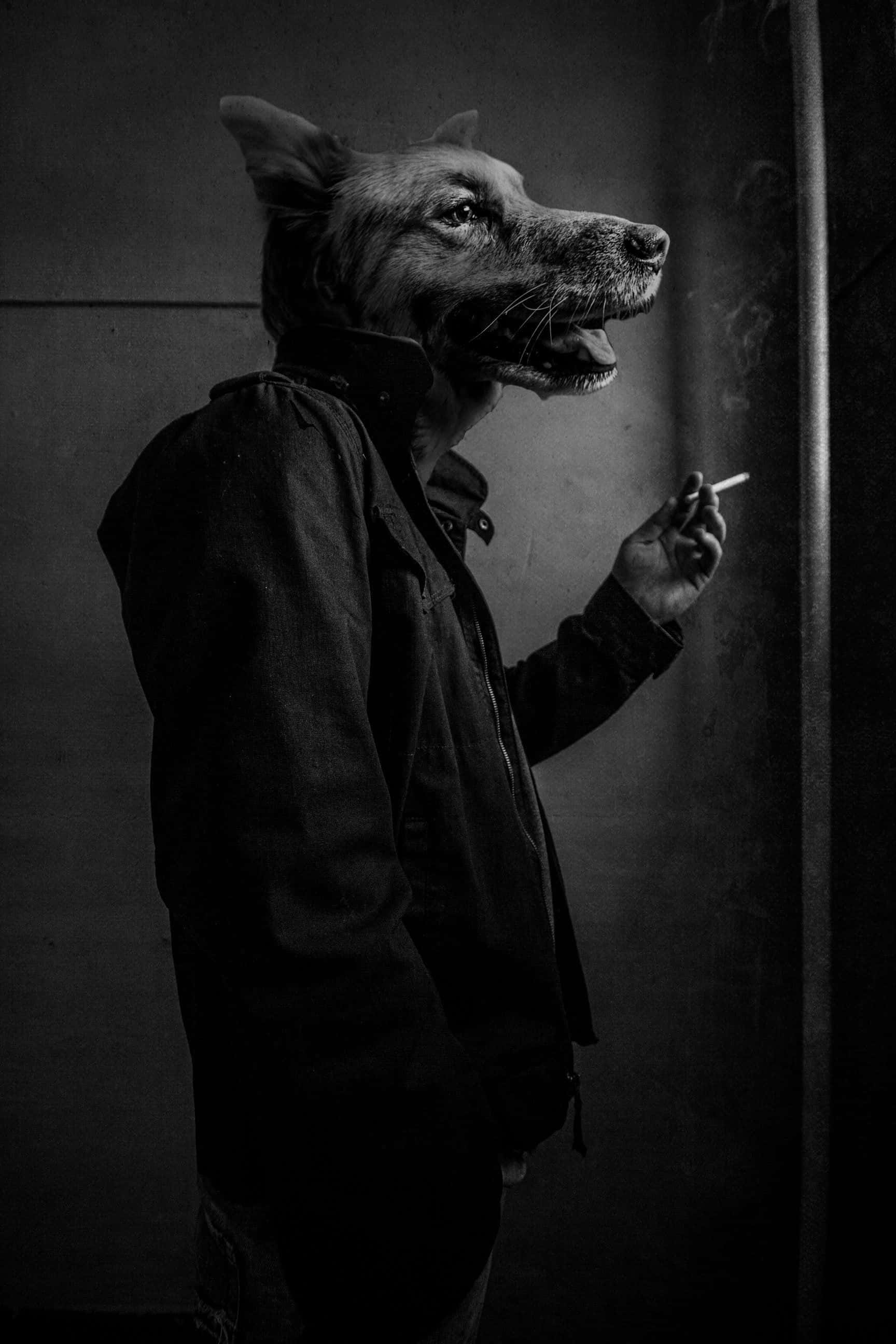 Unsettling 桌布 壁紙 — 一個穿著夾克的狗頭人形在光線昏暗的房間裡抽煙，帶有戲劇性的陰影。