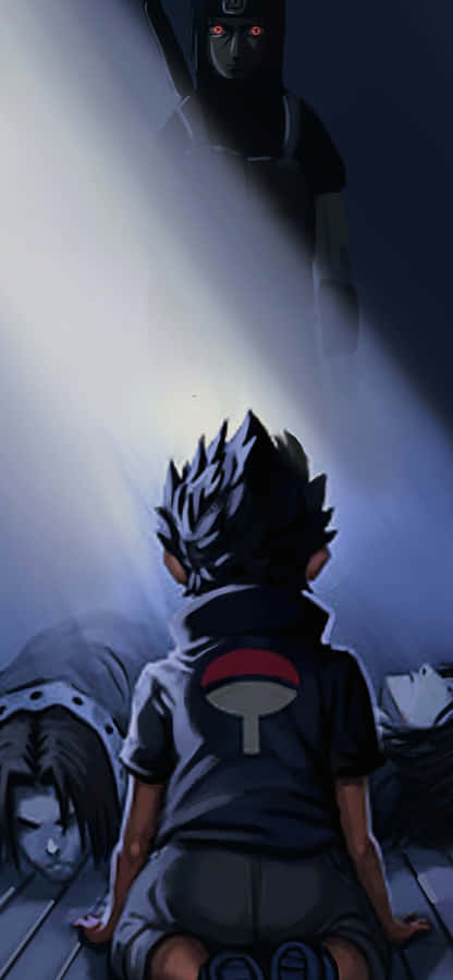 Blue Sasuke 桌布 壁紙 — 一個穿著宇智波衫的男孩跪在陰影中，一個戴著面具、眼睛發出紅光的巨大身影在戲劇性的光束中籠罩著他。