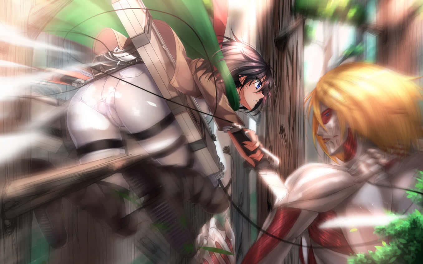 Female Titan 桌布 壁紙 — 一個穿著安全帶的動漫角色在森林覆蓋的城市廢墟中向一個巨大的人形人物跳躍。