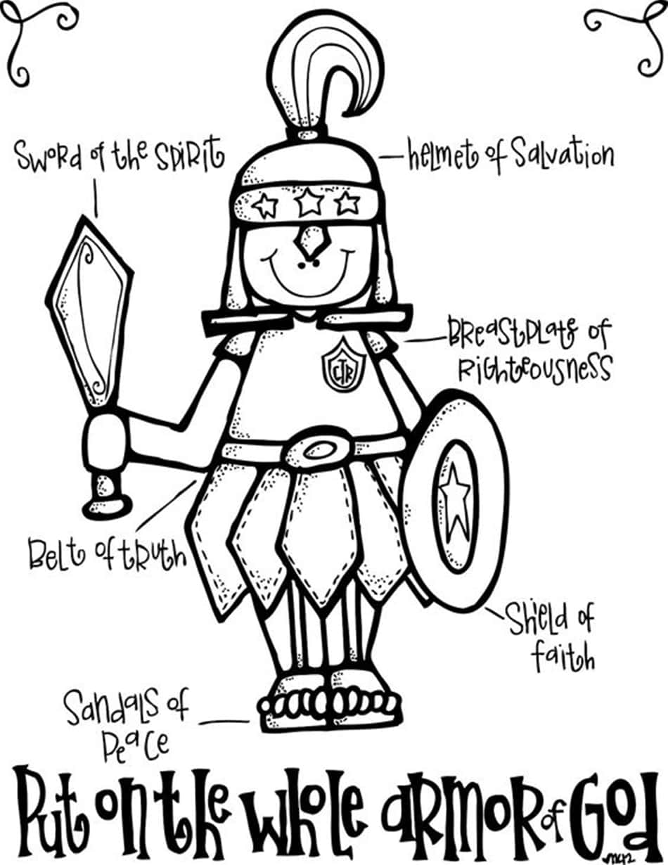 Armor Of God 桌布 壁紙 — 一個穿著宗教盔甲、標有屬靈物品（如聖靈之劍和信心之盾）的快樂卡通士兵。