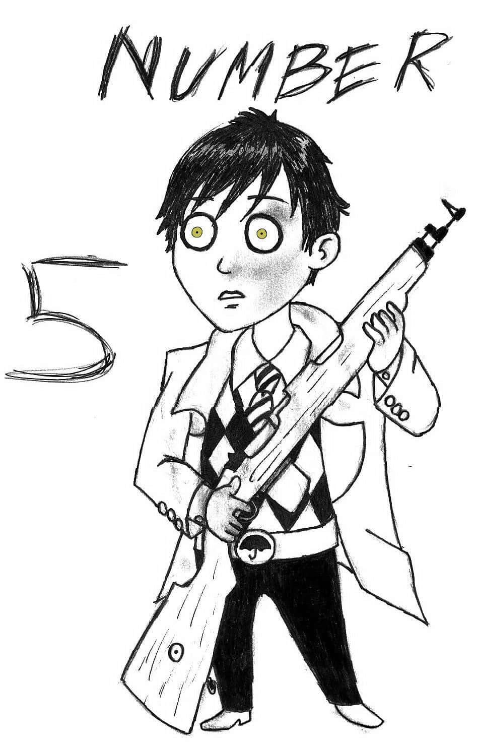 Five Umbrella Academy 桌布 壁紙 — 一個穿著實驗室外套的卡通男孩，在一個大數字五旁邊，睜大眼睛震驚地拿著步槍。