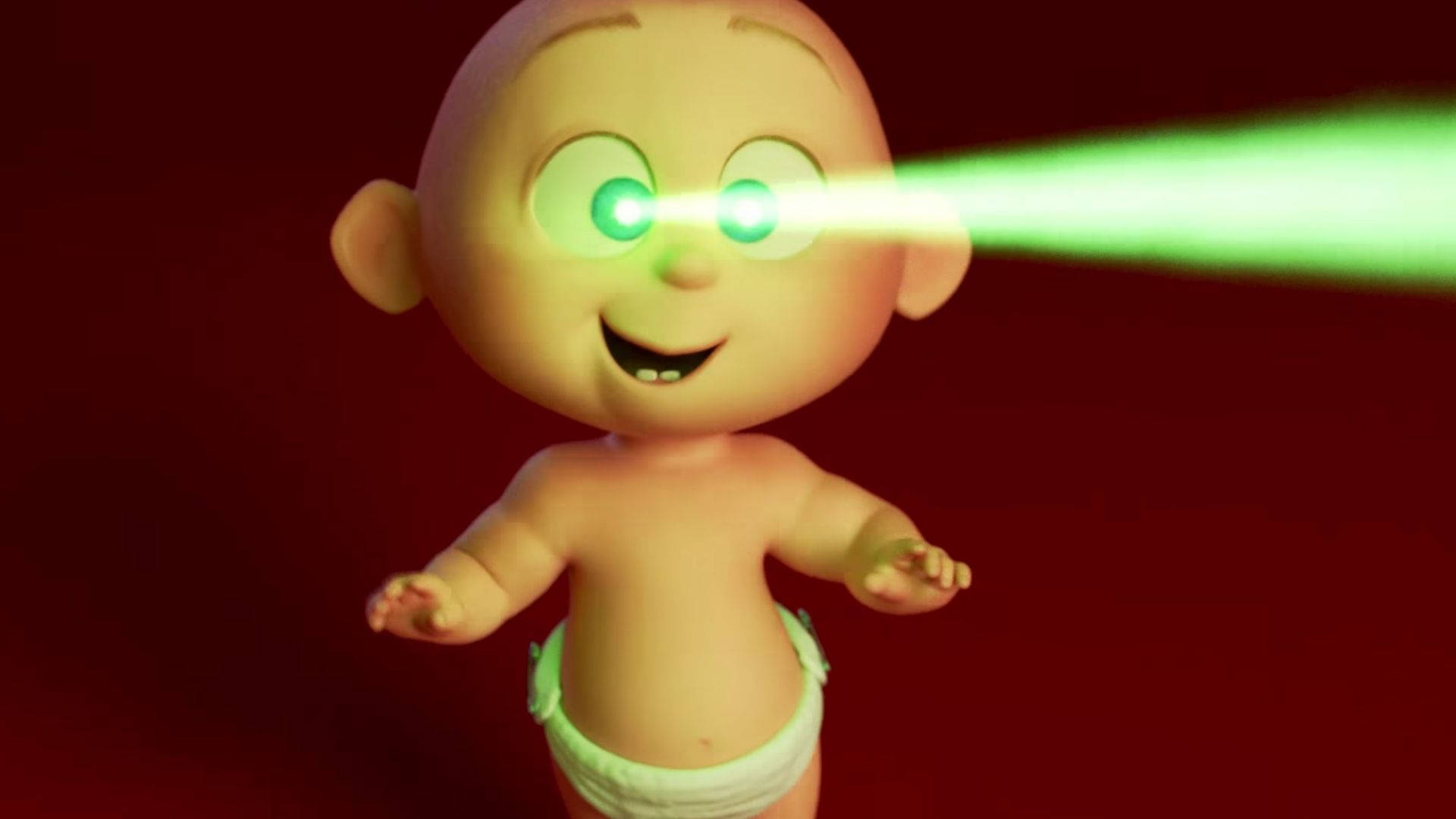 Jack Jack 桌布 壁紙 — 一個穿著尿布、開心的動畫嬰兒，在深紅色背景上發出綠色雷射眼睛。