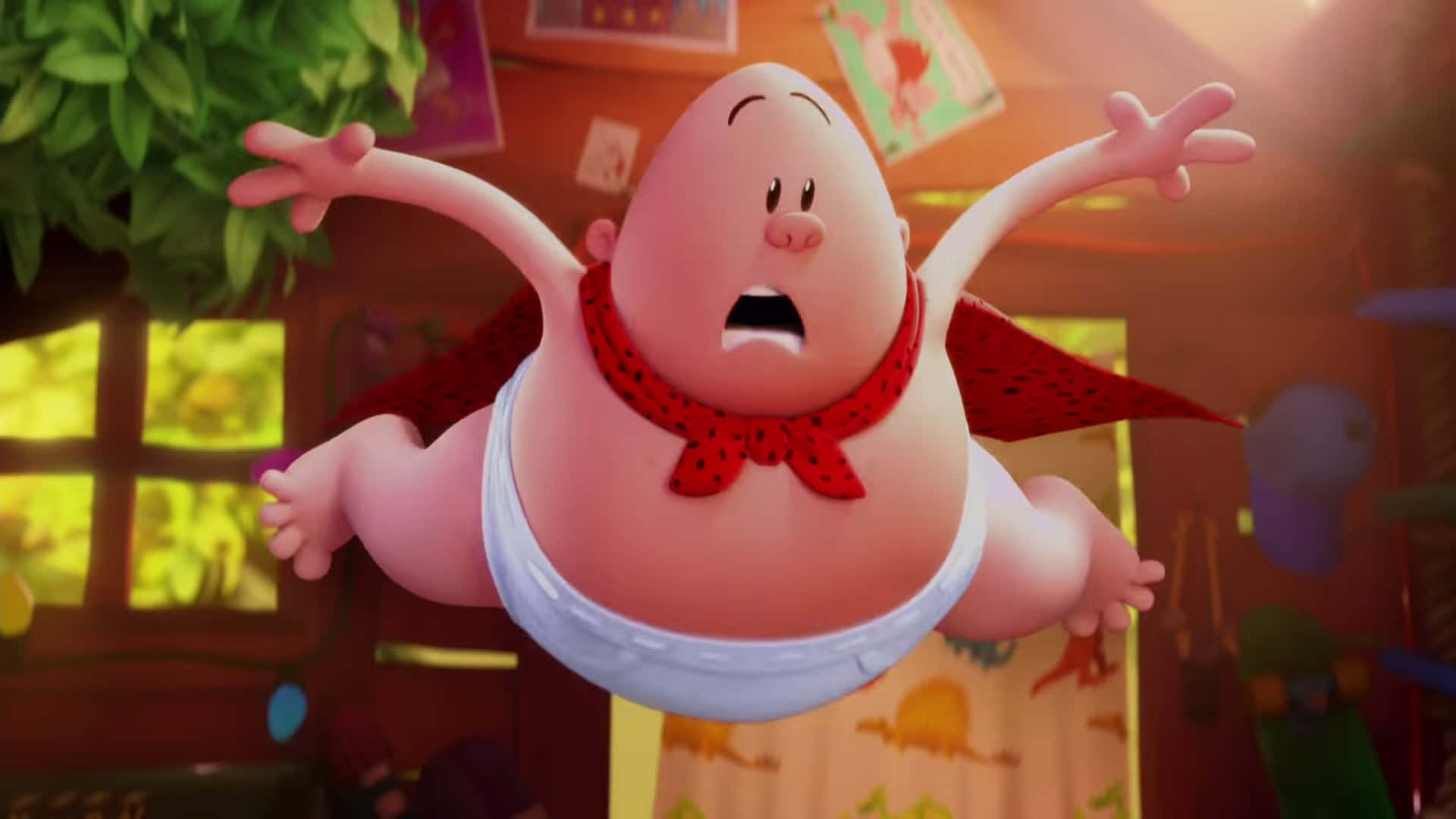 Animated 桌布 壁紙 — 一個穿著尿布和紅色斗篷的胖嘟嘟動畫嬰兒在陽光充足的房間裡張開雙臂快樂地漂浮。