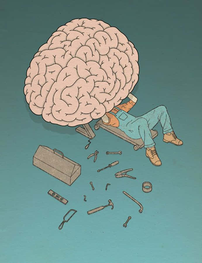Brain 桌布 壁紙 — 一個穿著工裝褲的人舉起一個巨大的大腦，周圍散落著工具，背景為青綠色。