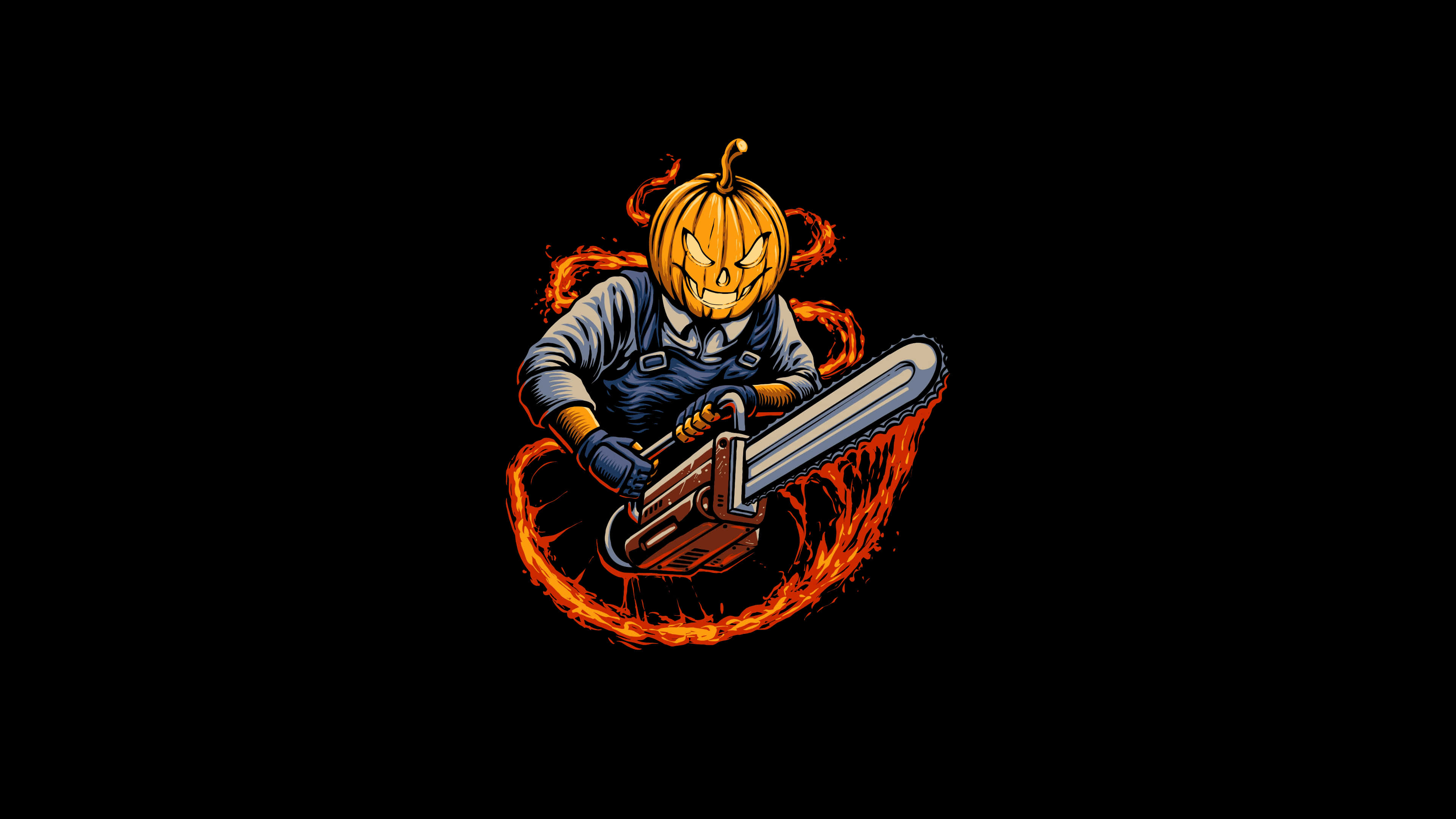 Minimalist Halloween 桌布 壁紙 — 一個穿著工裝褲的可怕南瓜頭人物在黑色背景上揮舞著一把燃燒的電鋸。