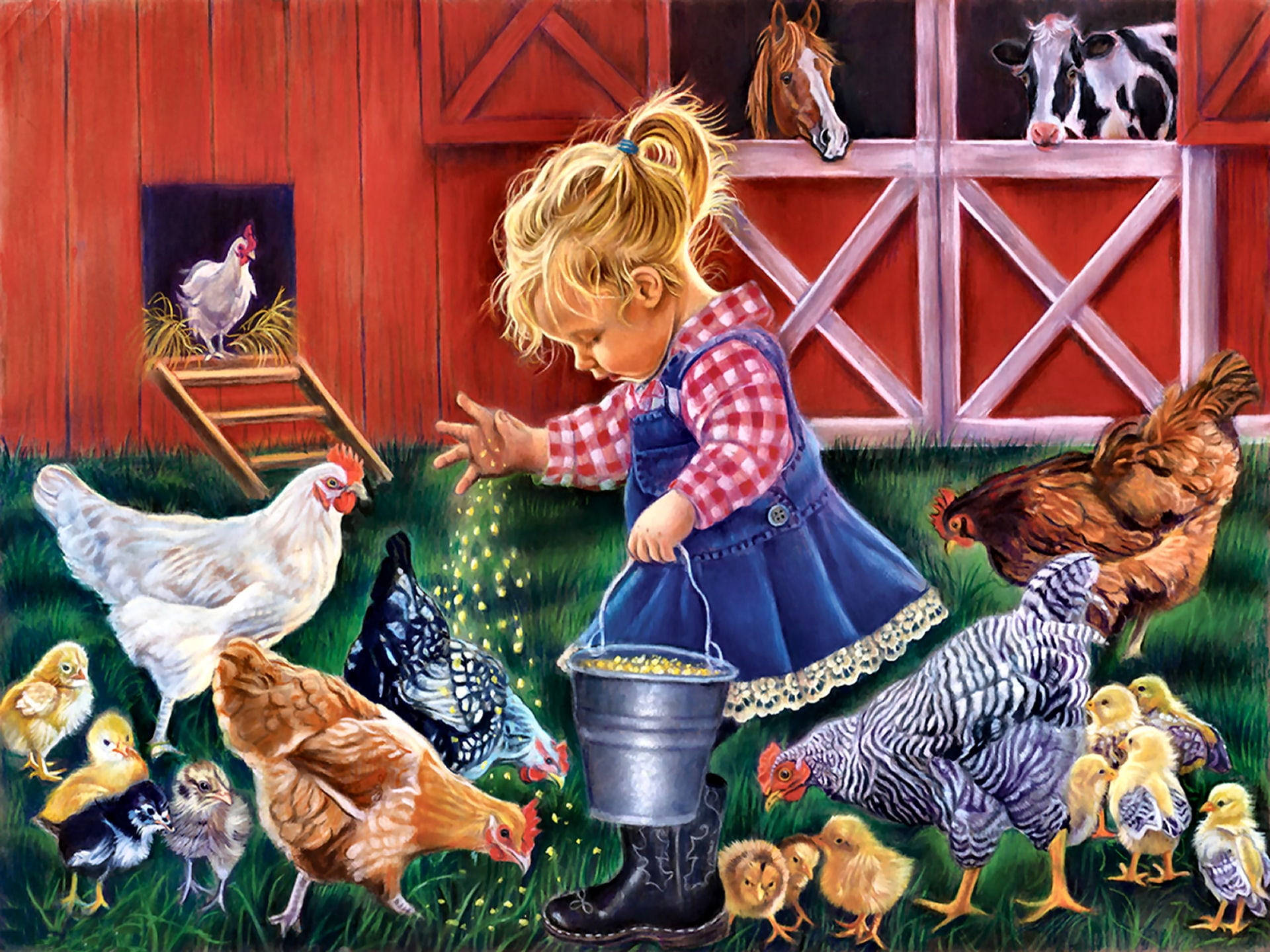 farm animals 桌布 壁紙 — 一個穿著工裝褲的小女孩在充滿活力的紅色穀倉場景中為雞和小雞倒飼料。