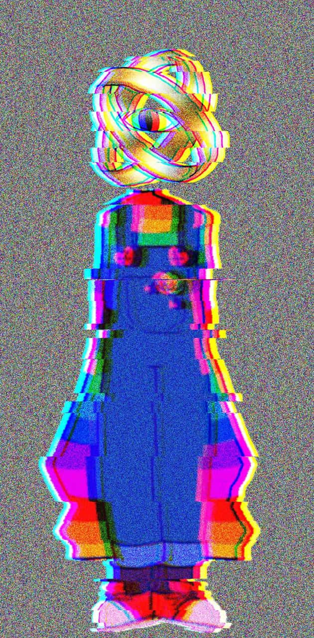 character 桌布 壁紙 — 一個穿著工裝褲的故障人物，頭部和眼睛呈現彩虹扭曲，背景為粗糙的灰色。