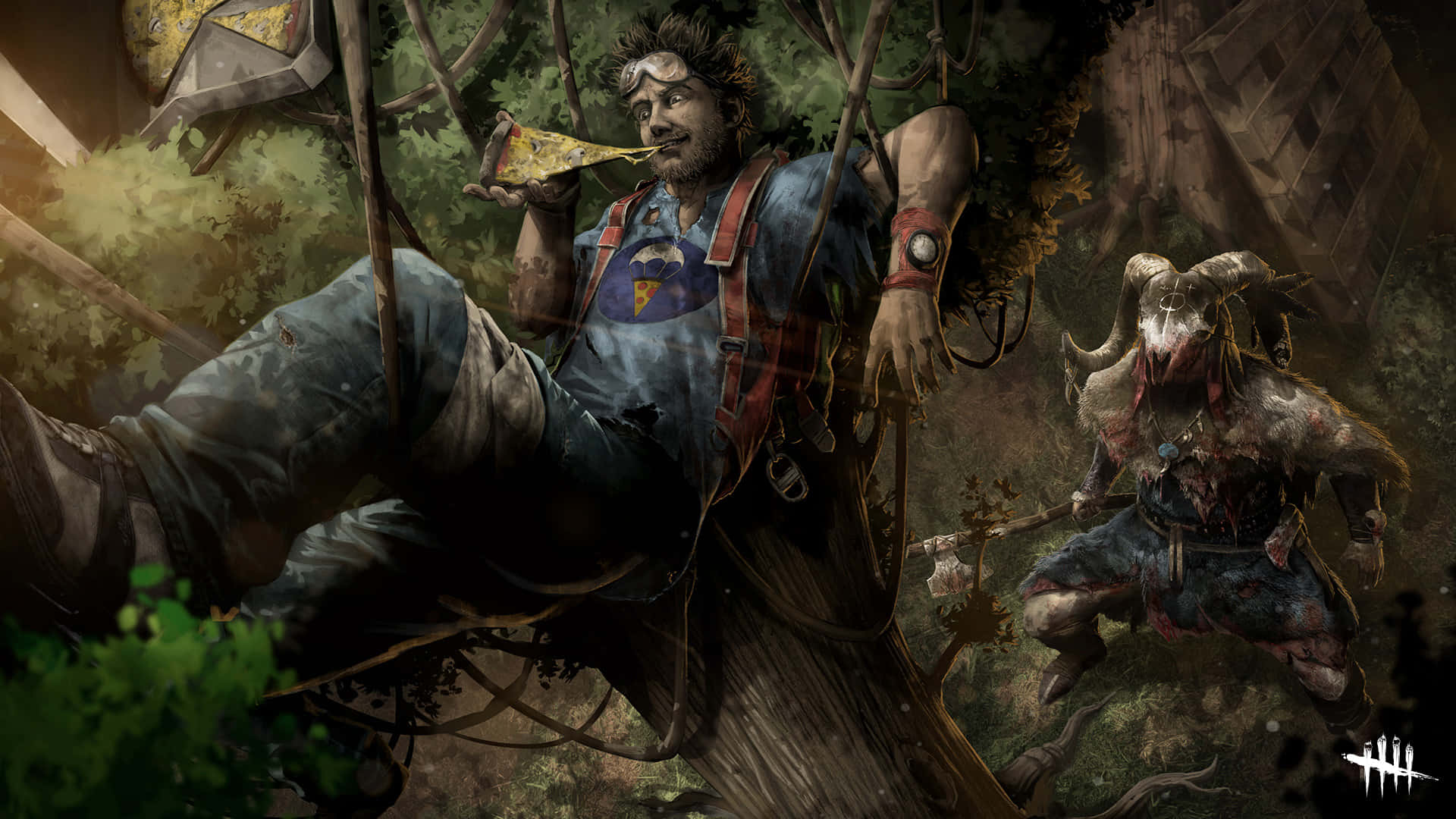 Dead By Daylight Killers 桌布 壁紙 — 一個穿著工裝褲的疲憊男人懶洋洋地躺在樹上，而一個有角的怪物潛伏在下面的黑暗森林中。