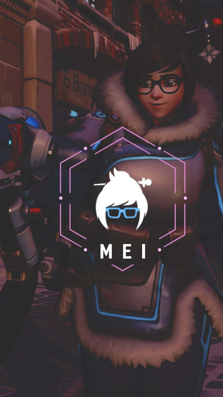 Overwatch Mei 桌布 壁紙 — 一個穿著帶有毛皮飾邊和眼鏡的冬季外套的角色，站在一個有霓虹燈和發光六角形標誌的雪地城市小巷中。