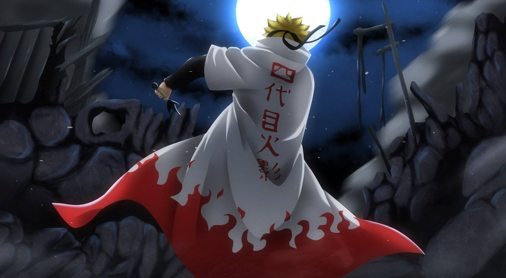 minato namikaze 桌布 壁紙 — 一個穿著帶有紅色火焰圖案白色斗篷的忍者，在滿月背光下站在黑暗的岩石景觀前。