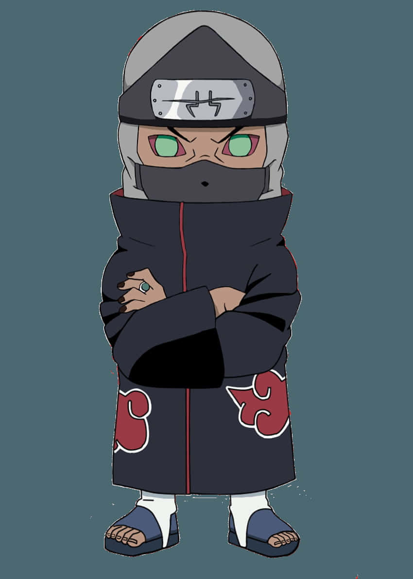Akatsuki Chibi 桌布 壁紙 — 一個穿著帶有紅色雲朵圖案的深色斗篷的Q版動漫忍者，雙手交叉，站在柔和的青綠色背景前。