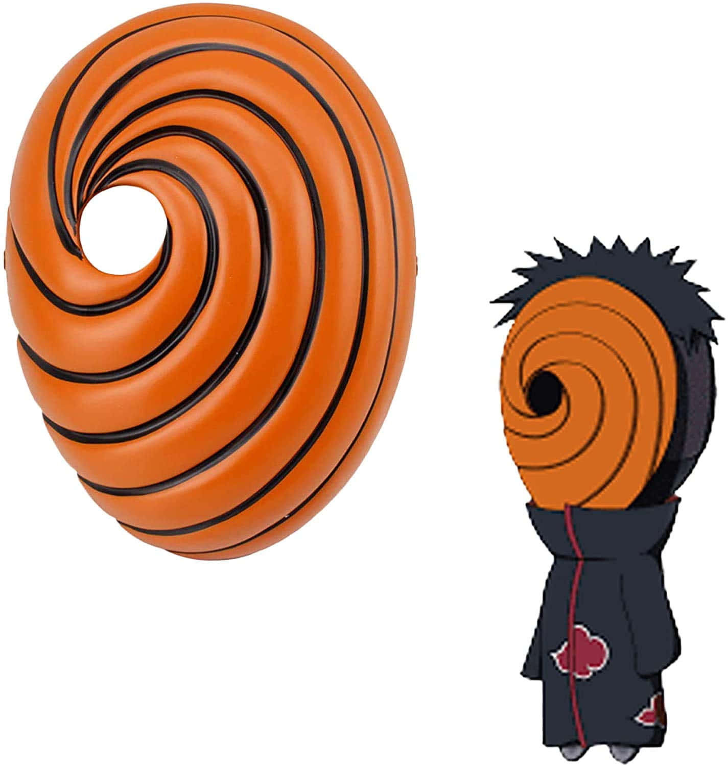 Akatsuki Mask 桌布 壁紙 — 一個穿著帶有紅色雲朵圖案黑色斗篷的Q版動畫角色，戴著橙色螺旋面具，旁邊是同一面具的獨立版本。