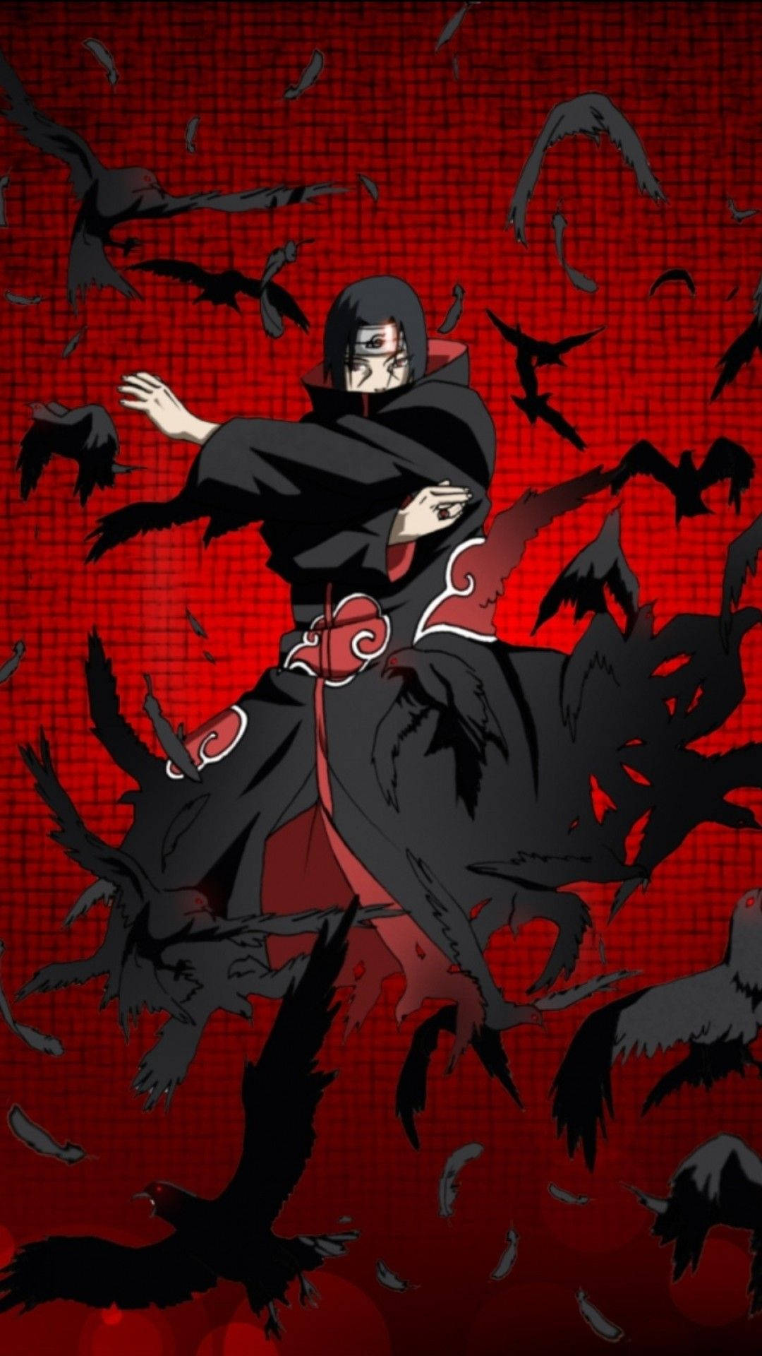 Aesthetic Naruto 桌布 壁紙 — 一個穿著帶有紅色雲朵的黑色斗篷的動漫角色，站在紅色網格背景上旋轉的黑鳥之中。