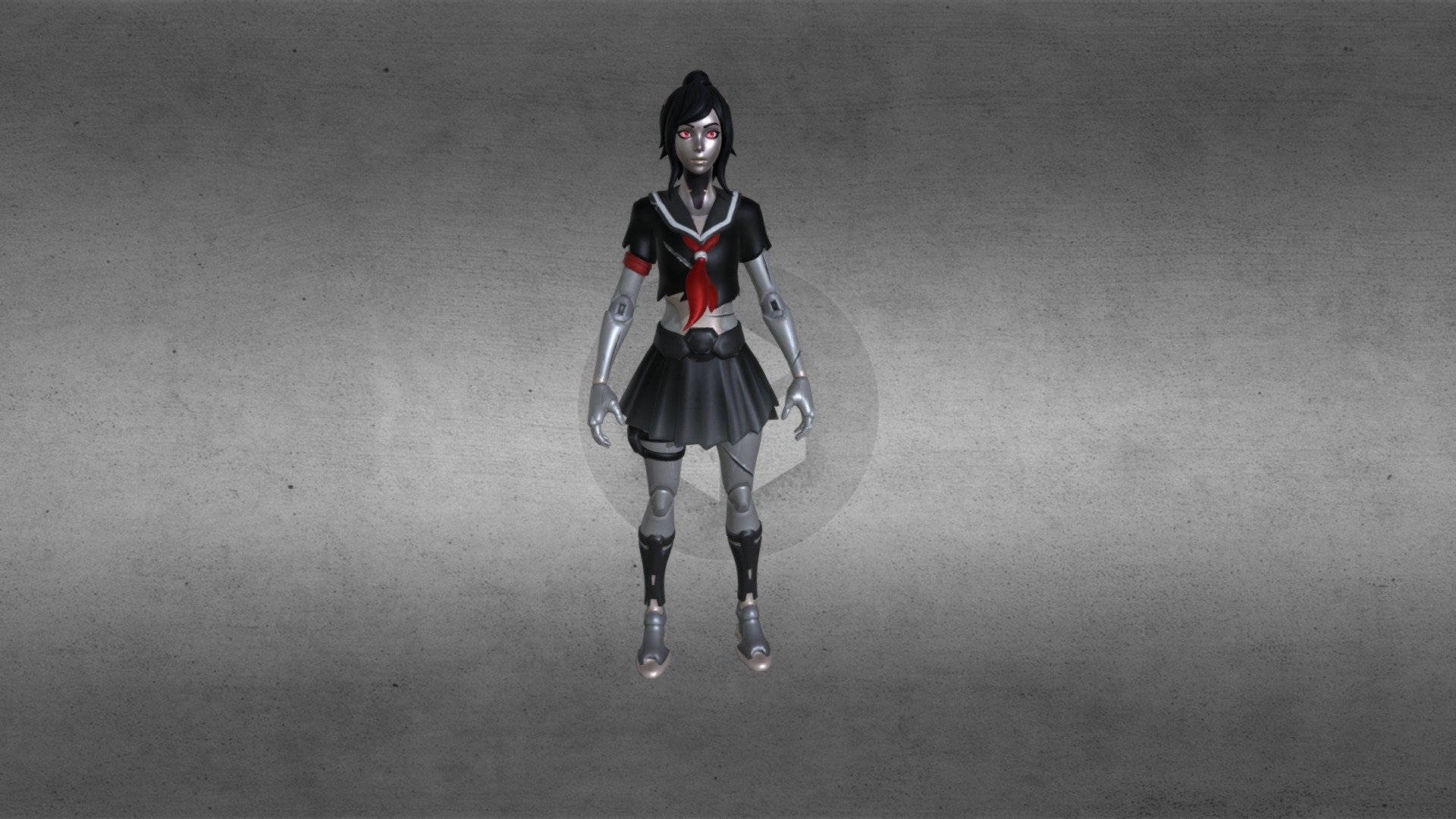 tsuki fortnite 桌布 壁紙 — 一個穿著帶有紅色點綴的黑色校服的賽博格女孩，站在有紋理的灰色背景中央。