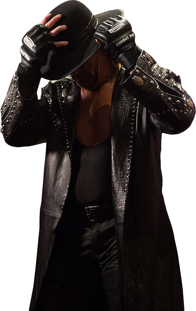 Undertaker 桌布 壁紙 — 一個穿著帶有鉚釘的黑色皮外套和手套的男人，在深色背景前將圓頂硬禮帽低低地拉過臉部。