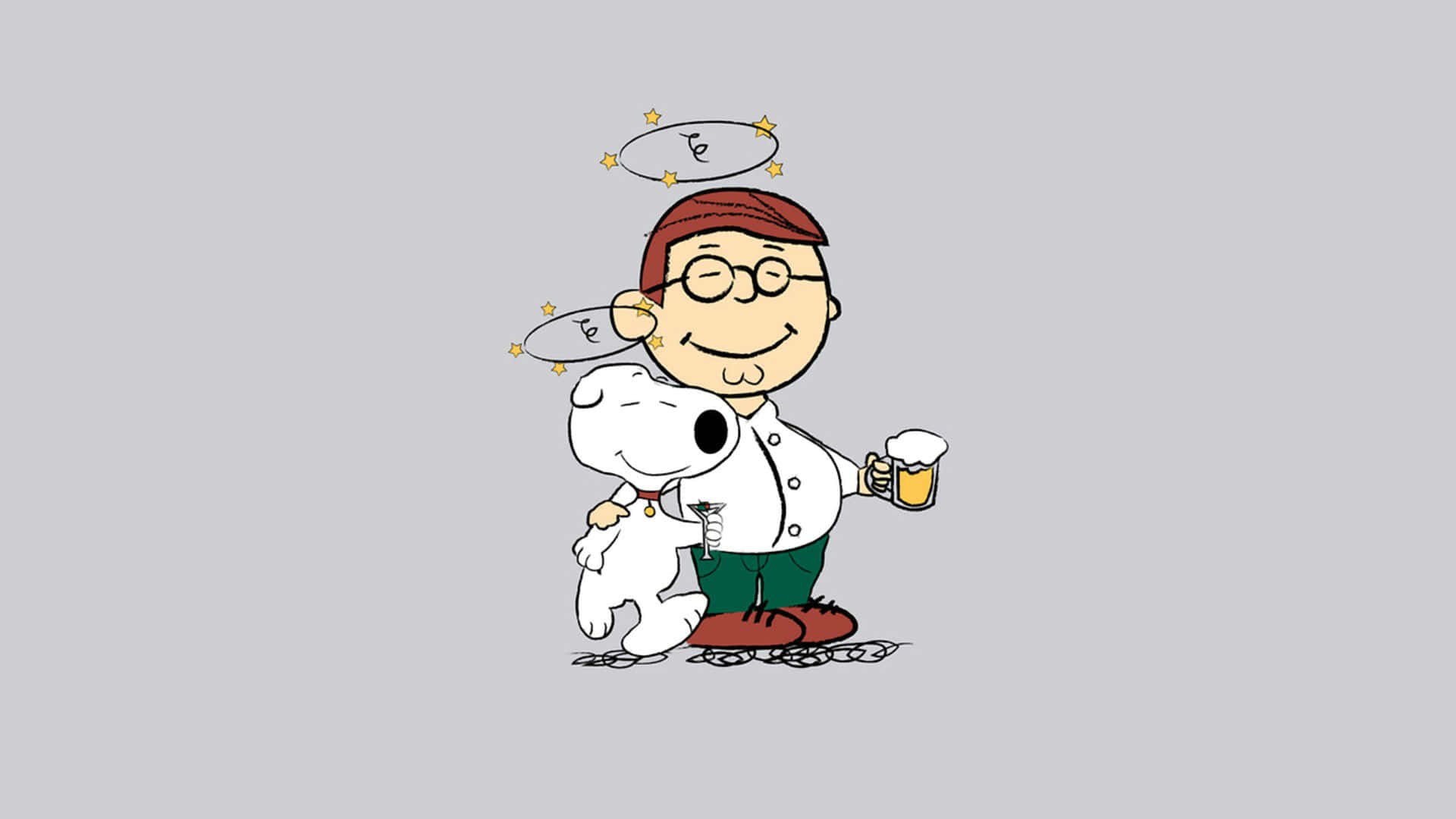 蓋酷家庭 桌布 壁紙 — 一個穿著廚師外套的開心卡通男孩抱著一隻白狗，同時拿著一個啤酒杯，頭頂上有光環。