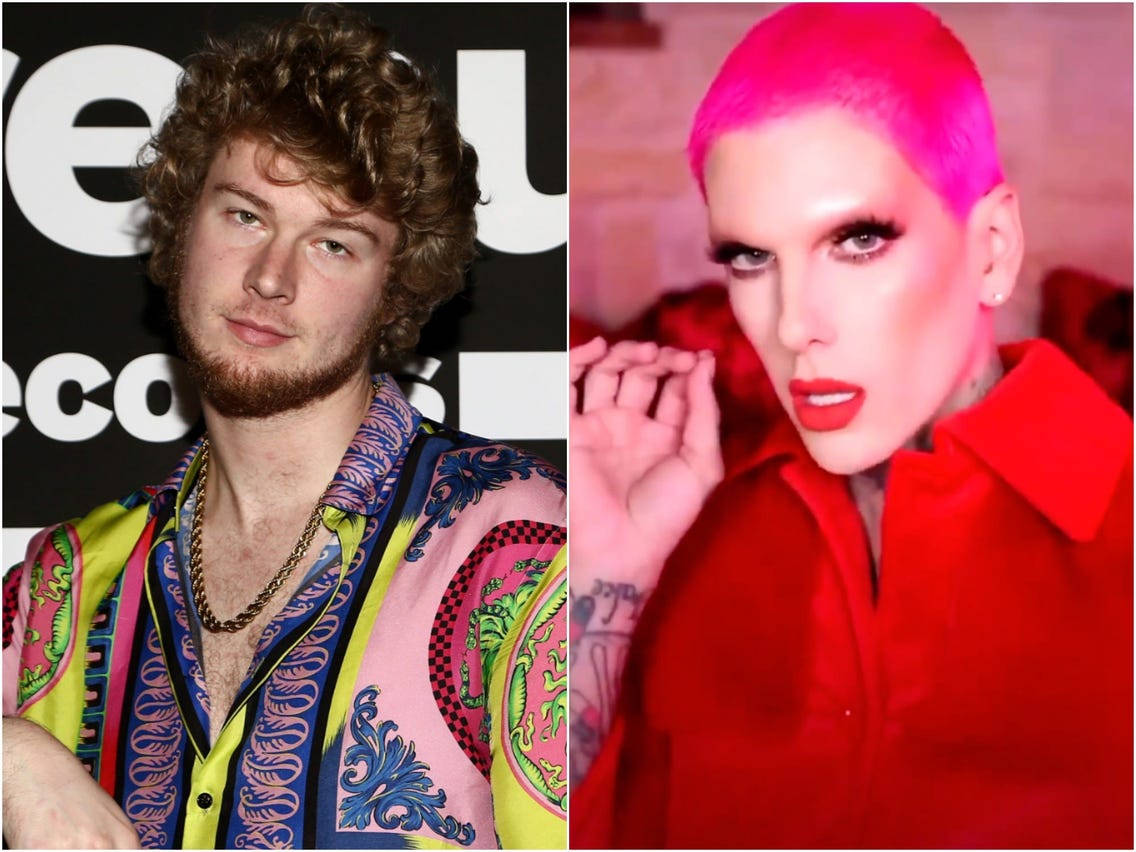 Famous 桌布 壁紙 — 一個穿著彩色圖案襯衫的男人和一個粉紅色頭髮、紅色襯衫的人戲劇性地擺姿勢的分割肖像。