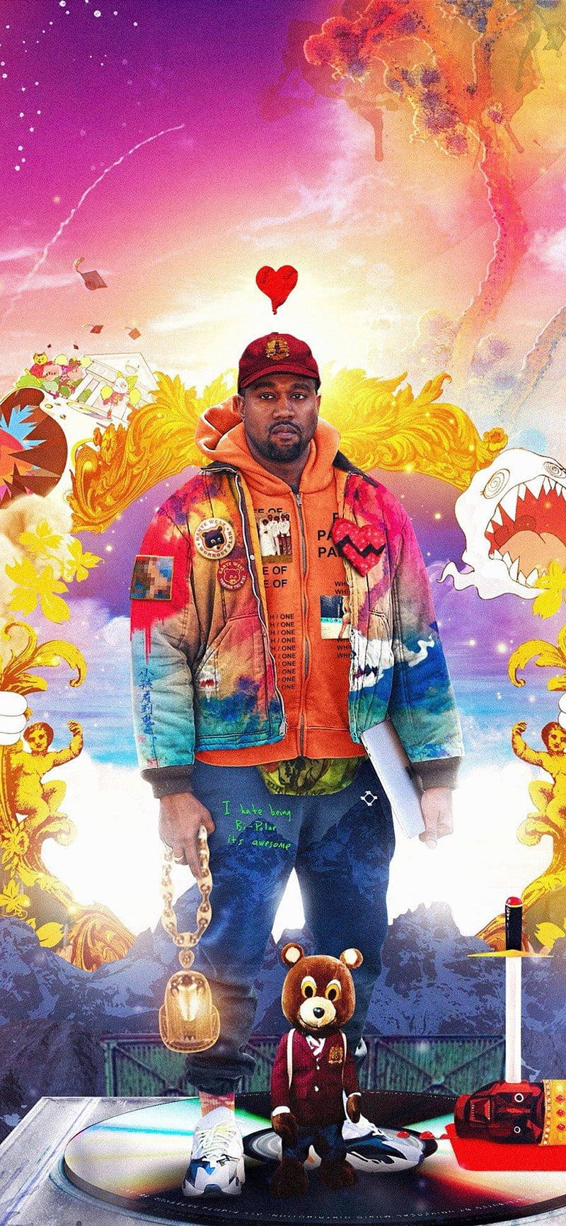 Kanye 桌布 壁紙 — 一個穿著彩色外套的男人站在超現實的漂浮物體和充滿活力的宇宙天空之中。