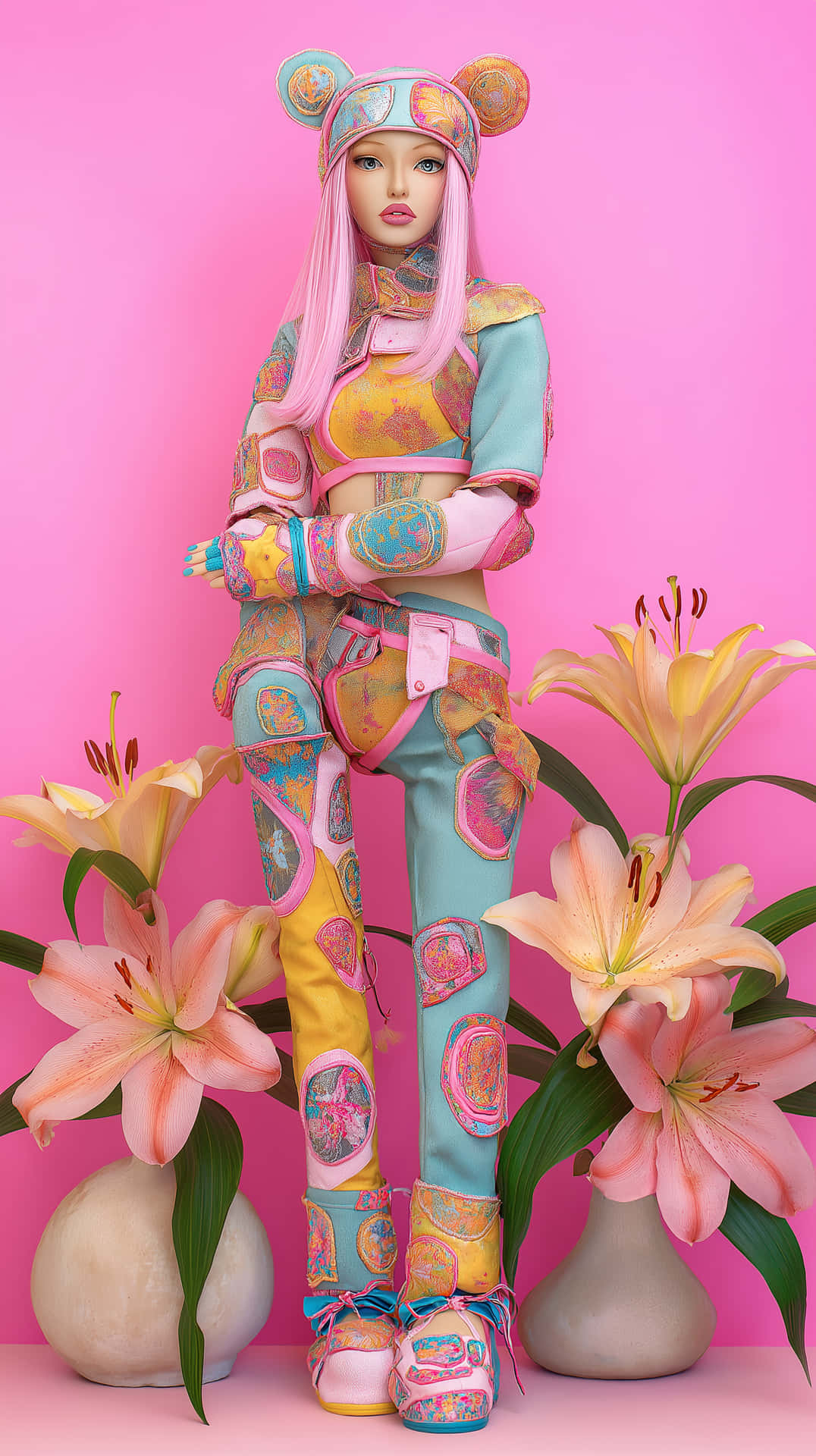 Articulated Doll in Patchwork Fantasy Outfit with Lilies 壁紙 — 一個穿著彩色拼布服裝、戴著熊耳朵的玩偶般人物，站在兩個插有粉紅色百合花的花瓶之間，背景為純粉紅色。