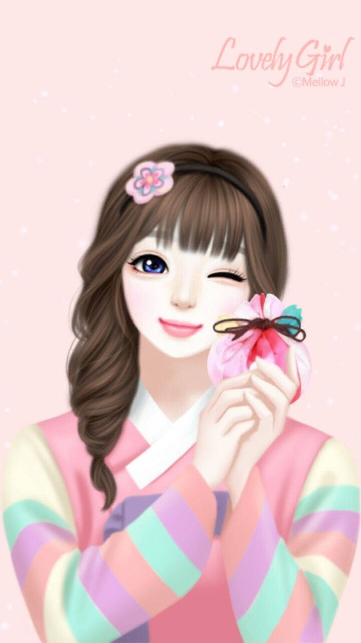 lovely 桌布 壁紙 — 一個穿著彩色條紋韓服的開朗動漫女孩，在柔和的粉紅色背景前拿著一朵粉紅色的花眨眼。