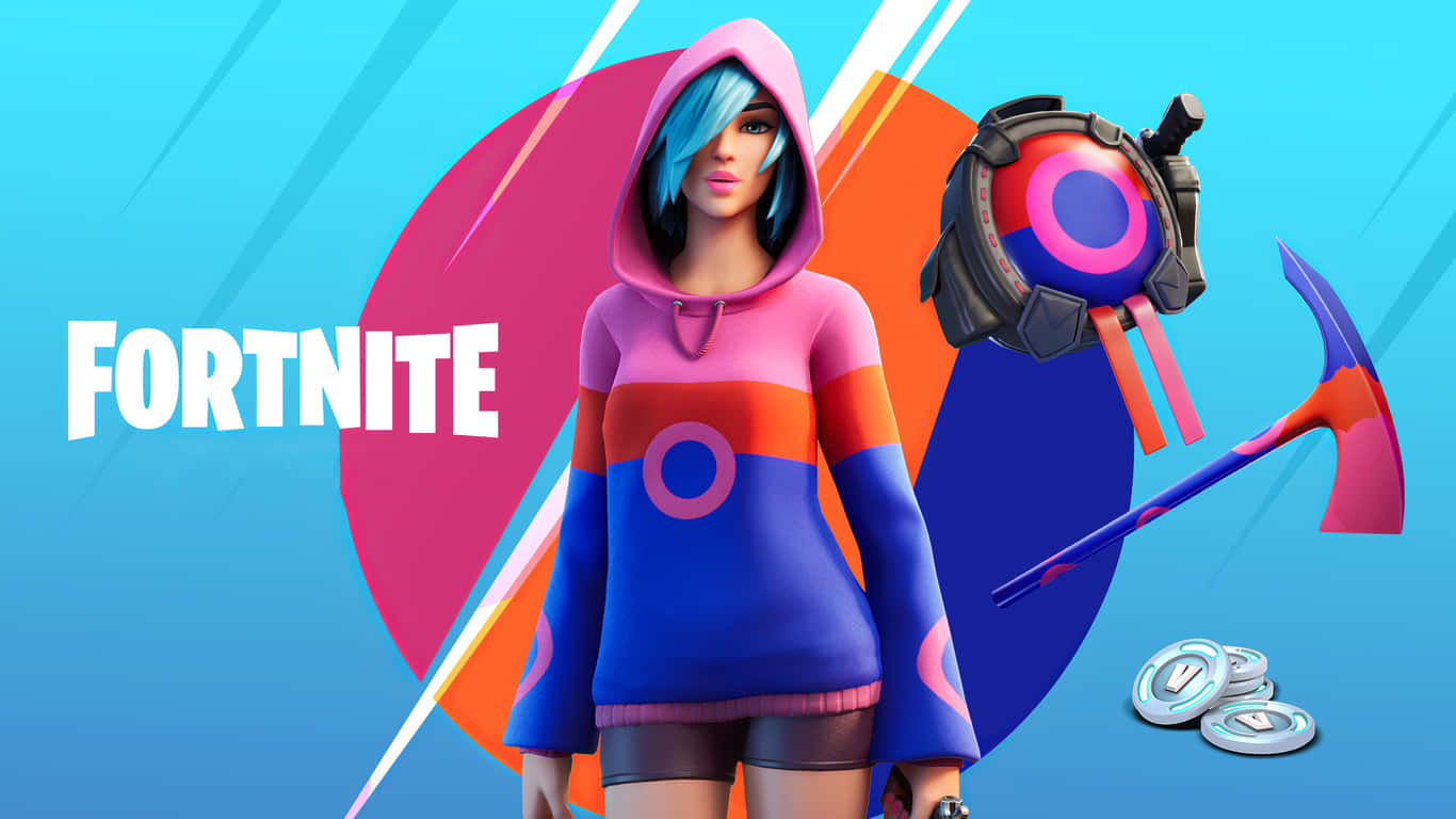 Fortnite 造型 桌布 壁紙 — 一個穿著彩色連帽衫的Fortnite角色站在鎬和滑翔機旁邊，背景是充滿活力的幾何圖案。