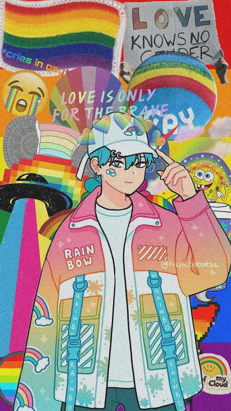 Gay Anime 桌布 壁紙 — 一個穿著彩虹外套的充滿活力的動漫角色，站在LGBTQ+驕傲象徵和流行文化圖標的拼貼畫中。