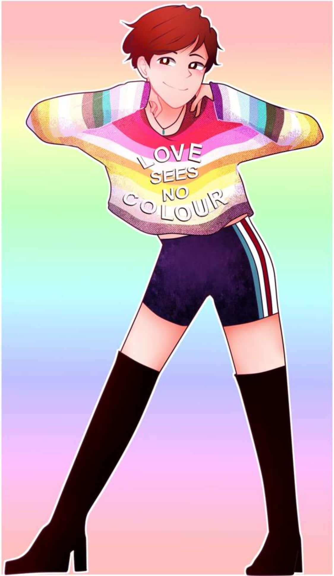動漫 桌布 壁紙 — 一個穿著彩虹毛衣、上面寫著「LOVE SEES NO COLOUR」的開朗動漫女孩，在粉彩漸變背景前自信地擺姿勢。
