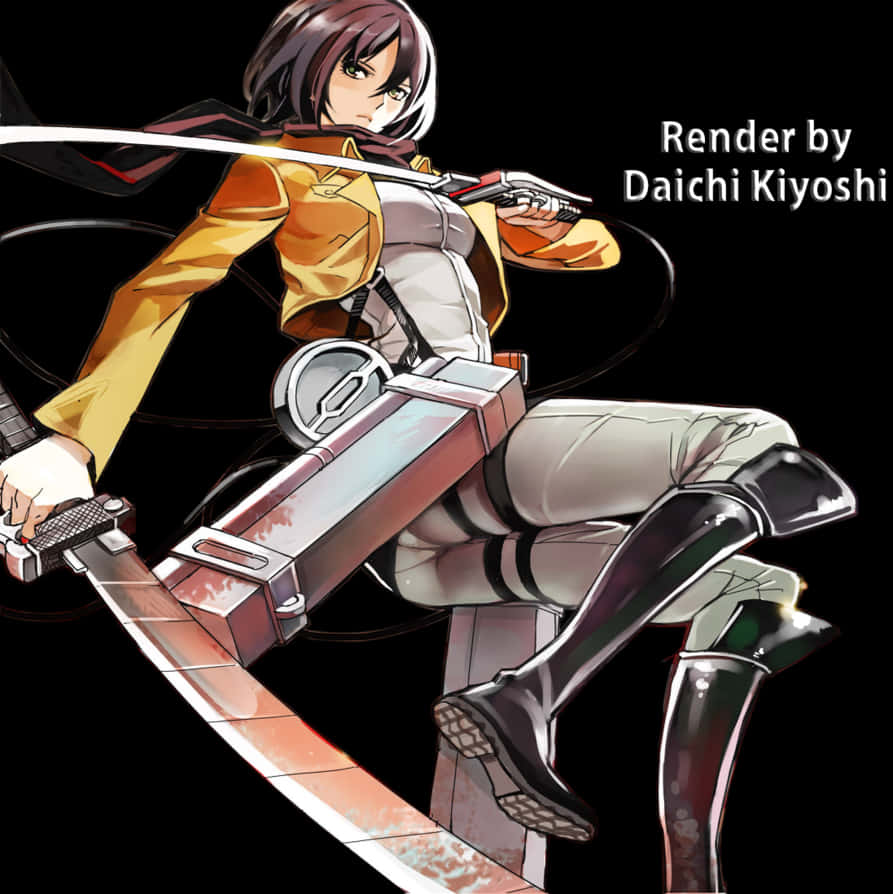 Mikasa Ackerman 桌布 壁紙 — 一個穿著戰鬥裝備的動漫女孩，在黑色背景前揮舞著一把大劍和手槍。