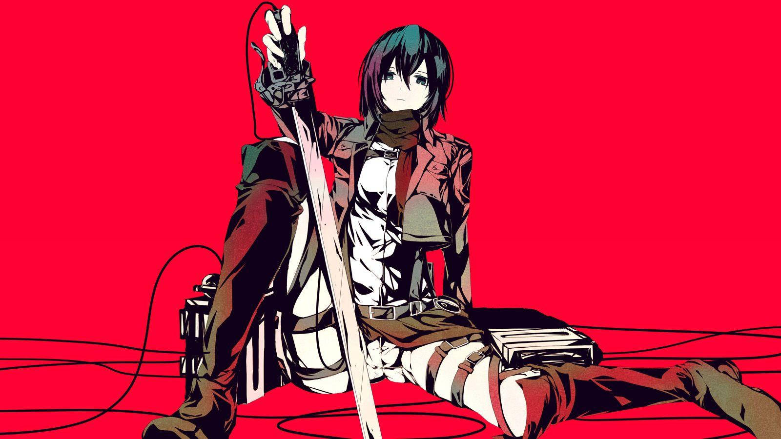 Mikasa 桌布 壁紙 — 一個穿著戰鬥裝備的動漫女孩坐在鮮紅色的背景前，手持一把劍，周圍纏繞著電纜。