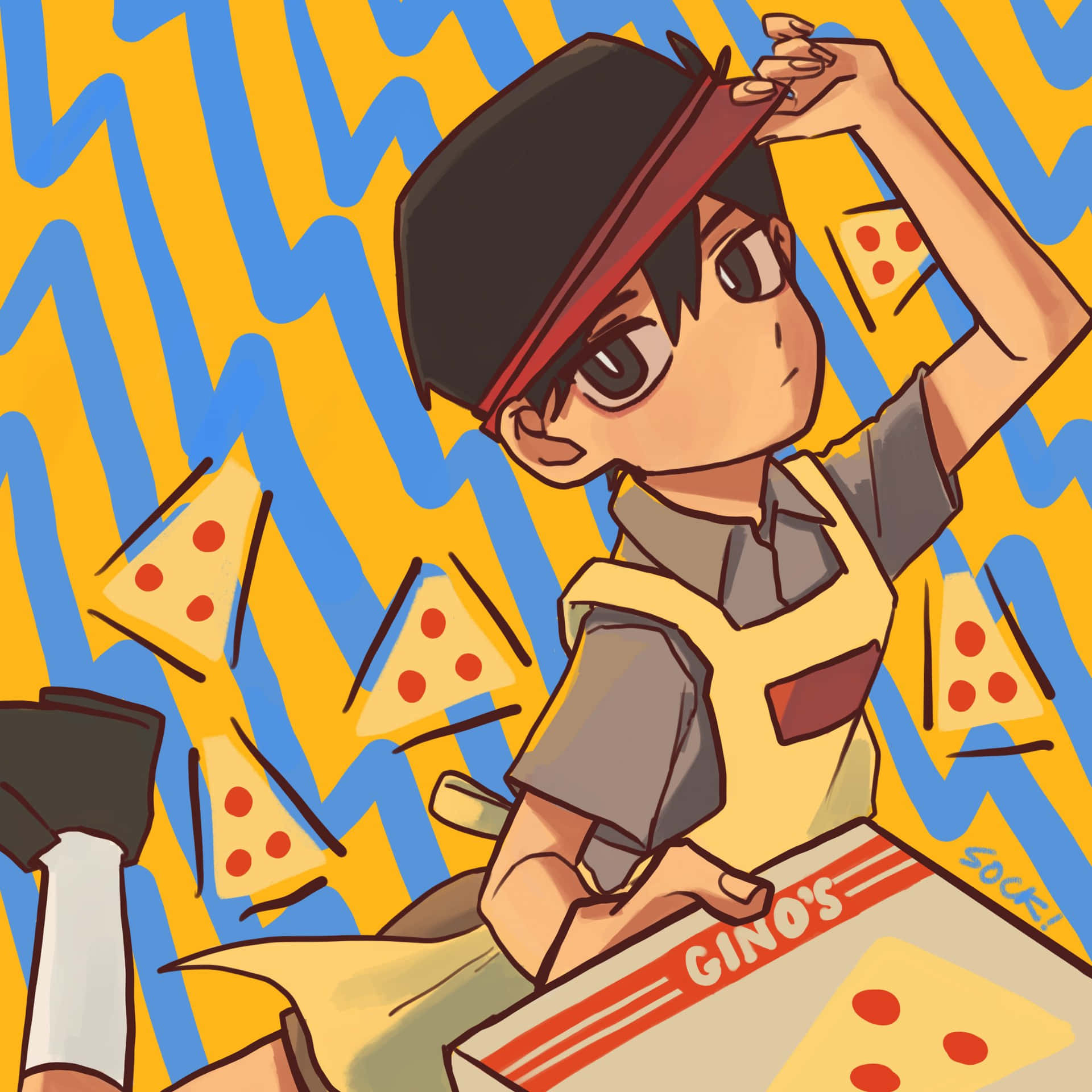 Pizza 桌布 壁紙 — 一個穿著披薩外送制服的可愛動漫男孩，在黃藍色鋸齒狀鮮豔背景中，漂浮在飛舞的披薩片之間，手持一個盒子。