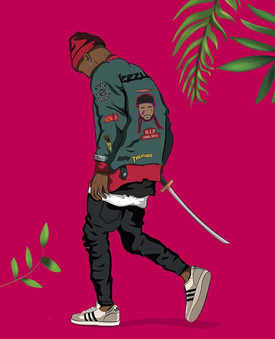 Supreme Logo 桌布 壁紙 — 一個穿著拼布外套和運動鞋的時尚男子，在充滿活力的粉紅色背景和綠色棕櫚葉襯托下，手持劍行走。