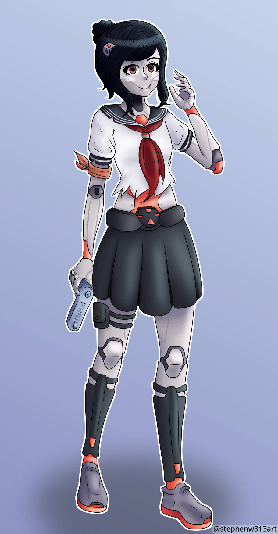 動漫女孩穿著賽博龐克水手服在藍色背景前拿著裝置 — Tsum tsum 壁紙