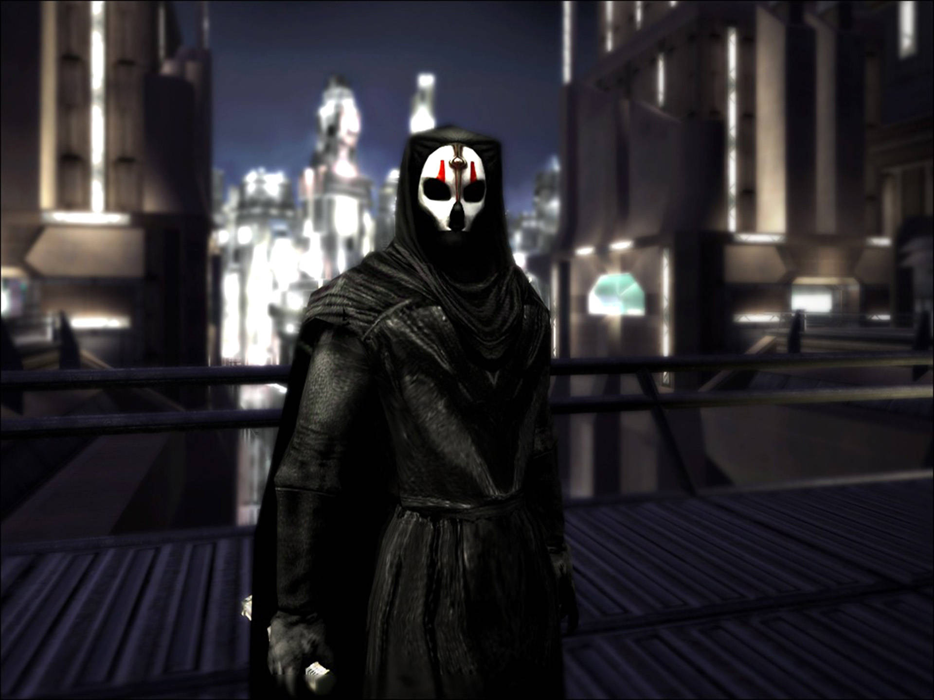 Darth Nihilus 桌布 壁紙 — 一個穿著斗篷、戴著白色骷髏面具的人物站在橋上，俯瞰夜晚發光的未來城市。