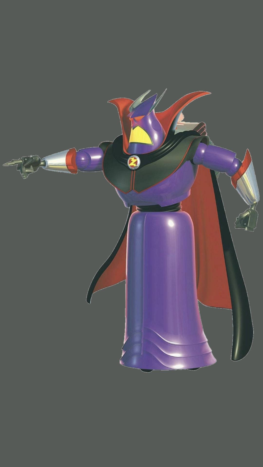 emperor zurg 桌布 壁紙 — 一個穿著斗篷和尖頭盔的紫色和紅色機械反派，在灰色背景前指向前面，氣勢洶洶。
