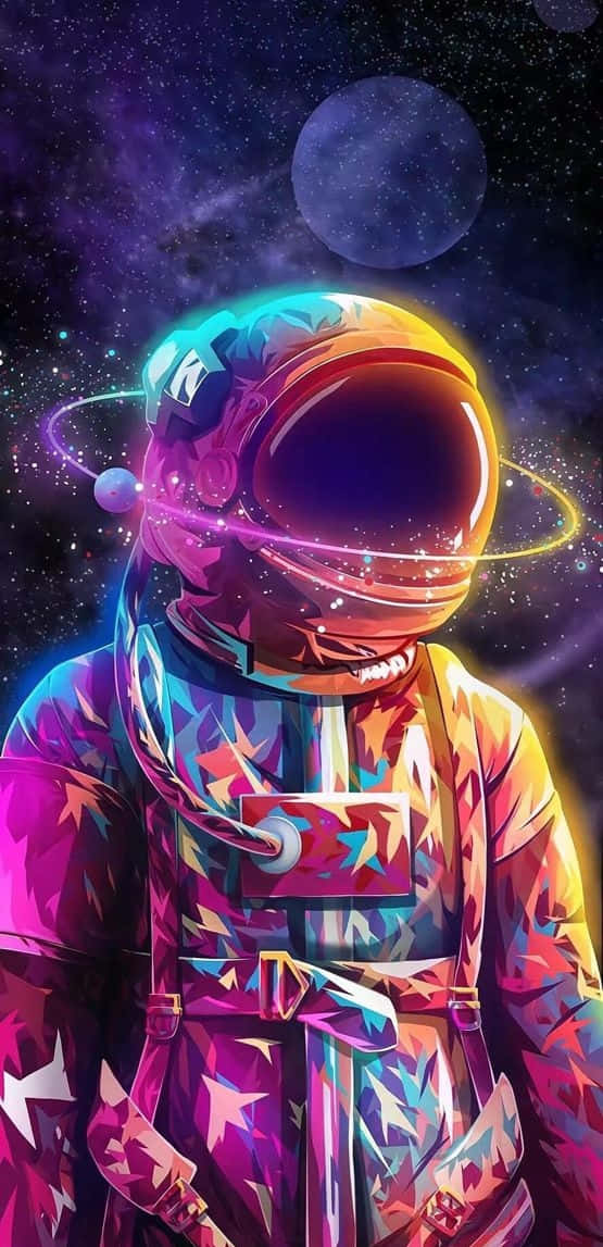 Dope Phone 桌布 壁紙 — 一個穿著星星圖案太空衣的鮮豔太空人，在發光環和遙遠行星的宇宙背景下漂浮。