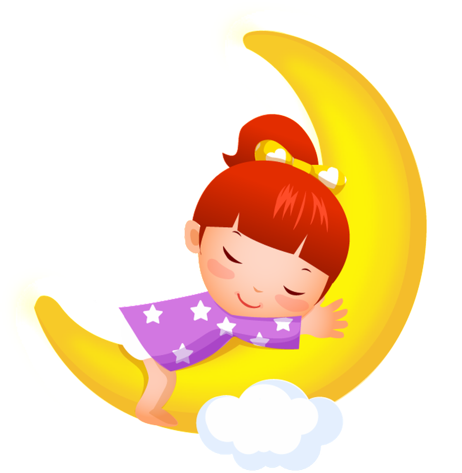 睡眠 桌布 壁紙 — 一個穿著星星睡衣的快樂卡通女孩在明亮的黃色新月上安睡，下方有一朵蓬鬆的雲。