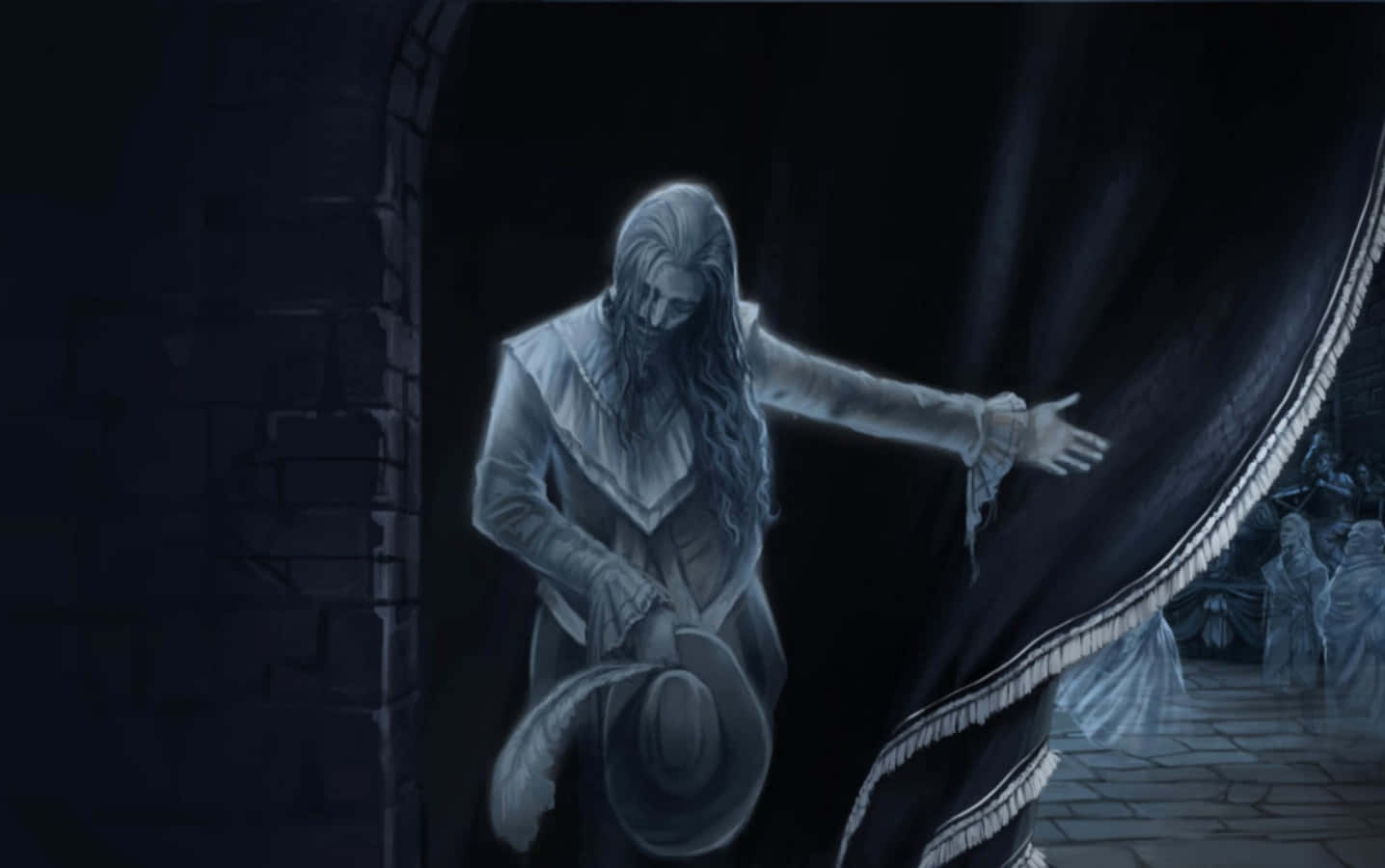 The Hogwarts Ghosts 桌布 壁紙 — 一個穿著時代服裝的幽靈般身影從石拱門中出現，手持帽子，向厚重窗簾後陰暗的人群做手勢。