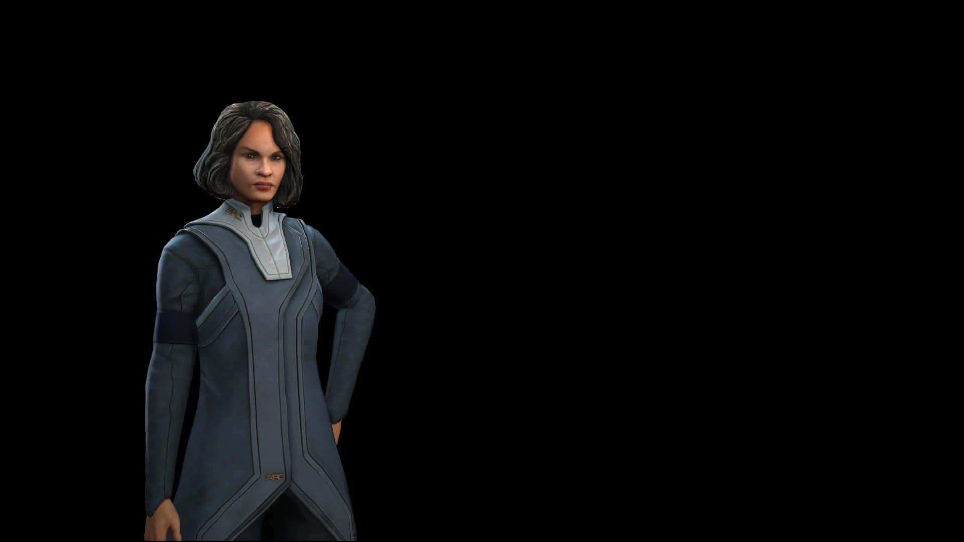 Civilization Beyond Earth 桌布 壁紙 — 一個穿著未來感灰色制服的女角色自信地站在純黑色背景前。