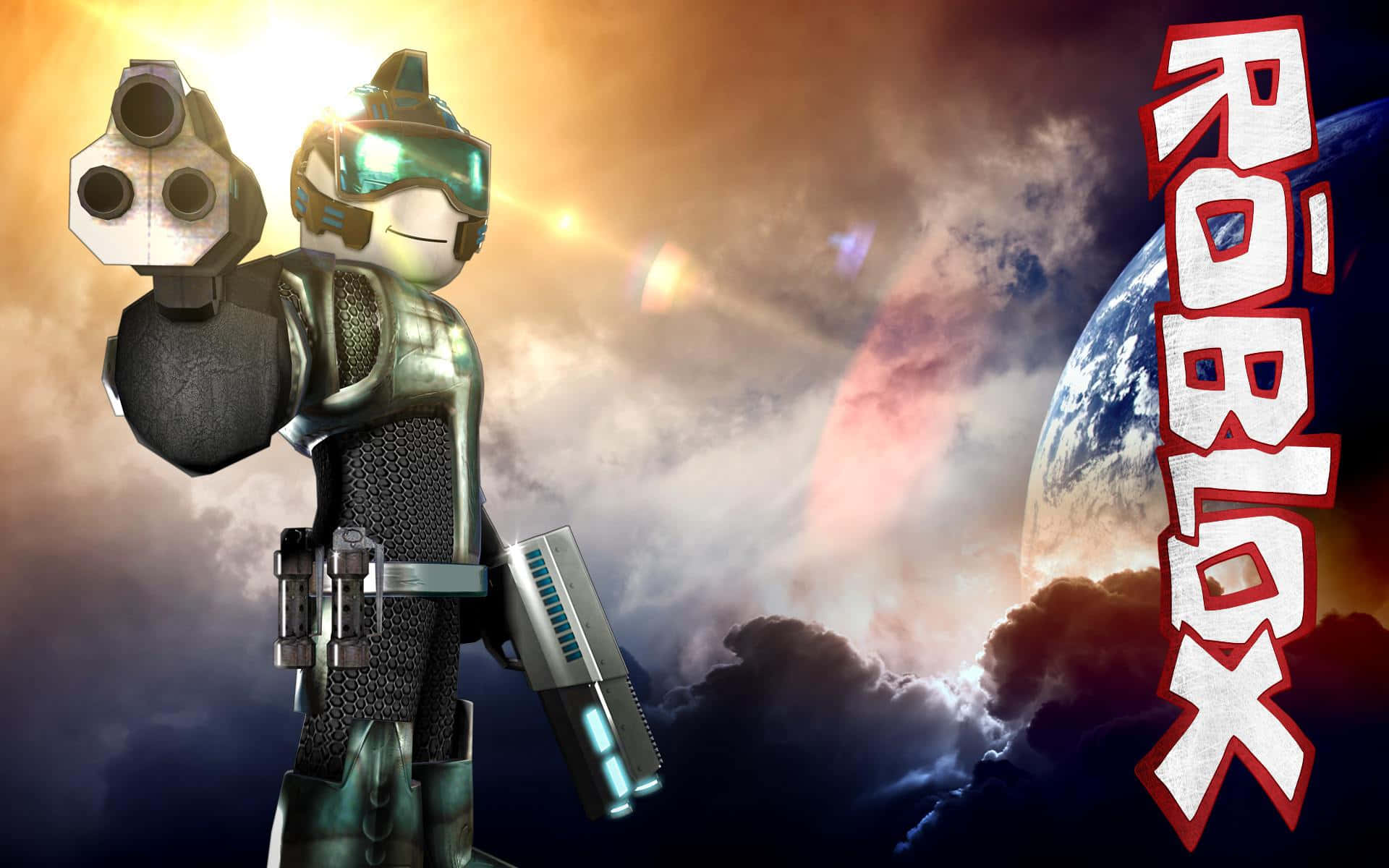 Roblox Character 桌布 壁紙 — 一個穿著未來盔甲的 Roblox 頭像，在戲劇性的天空背景下手持武器，背景中有一顆行星。