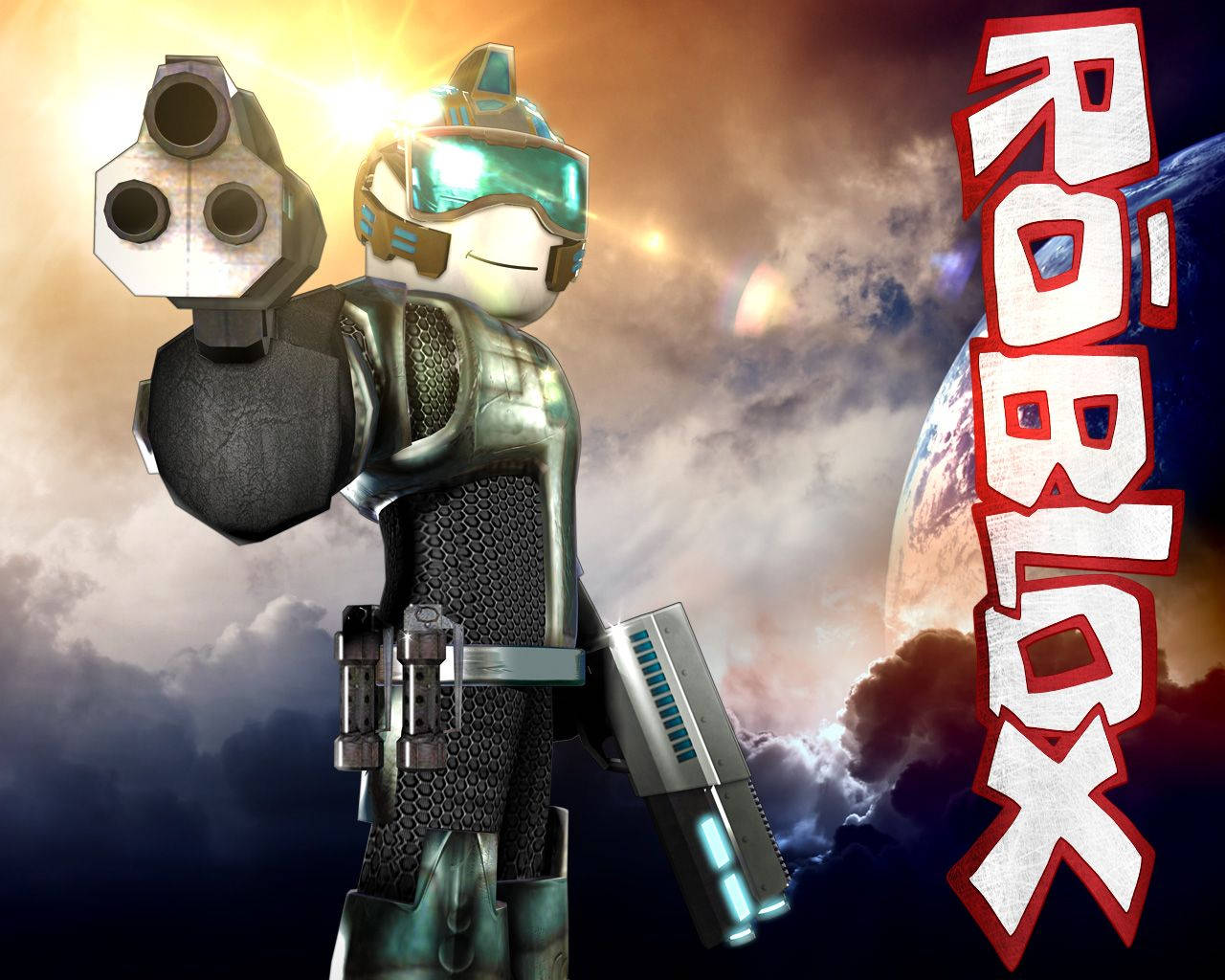 Roblox 桌布 壁紙 — 一個穿著未來盔甲的Roblox角色，在戲劇性的日落天空下，瞄準一把三管槍，遠處有一顆行星。