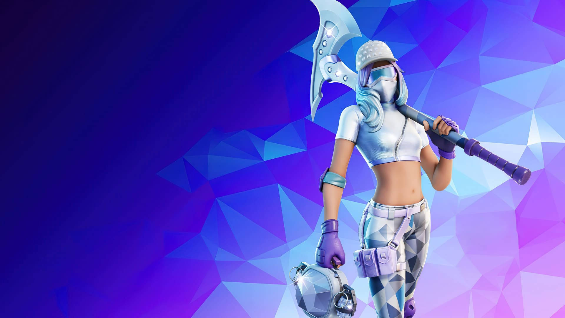 電玩遊戲 桌布 壁紙 — 一個穿著未來裝備的 Fortnite 角色，在充滿活力的幾何紫色藍色背景前，手持發光的斧頭。