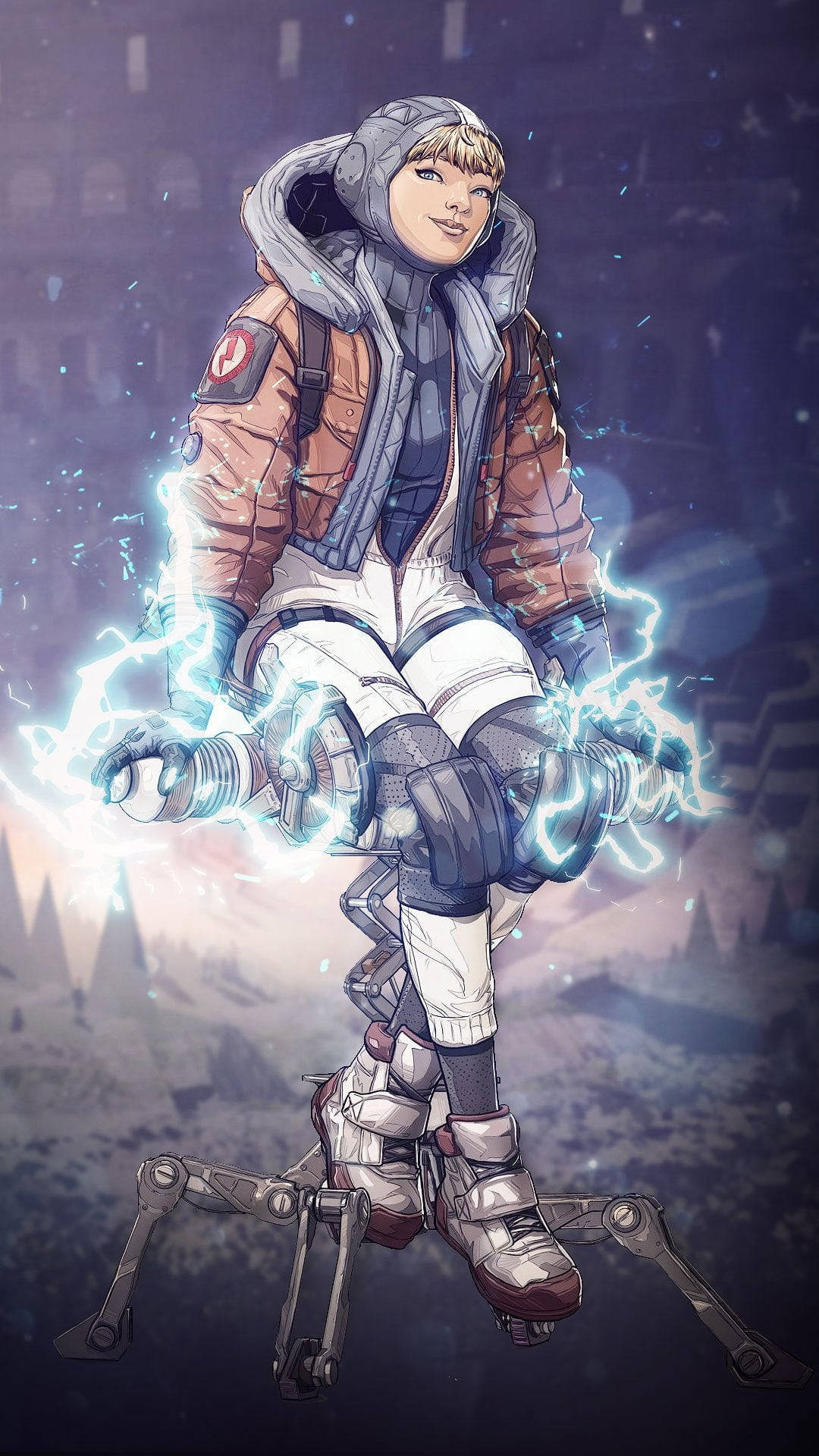 電玩遊戲 桌布 壁紙 — 一個穿著未來裝備的年輕人漂浮著，手中發出藍色光芒的能量，在繁星點點的夜空下噼啪作響。