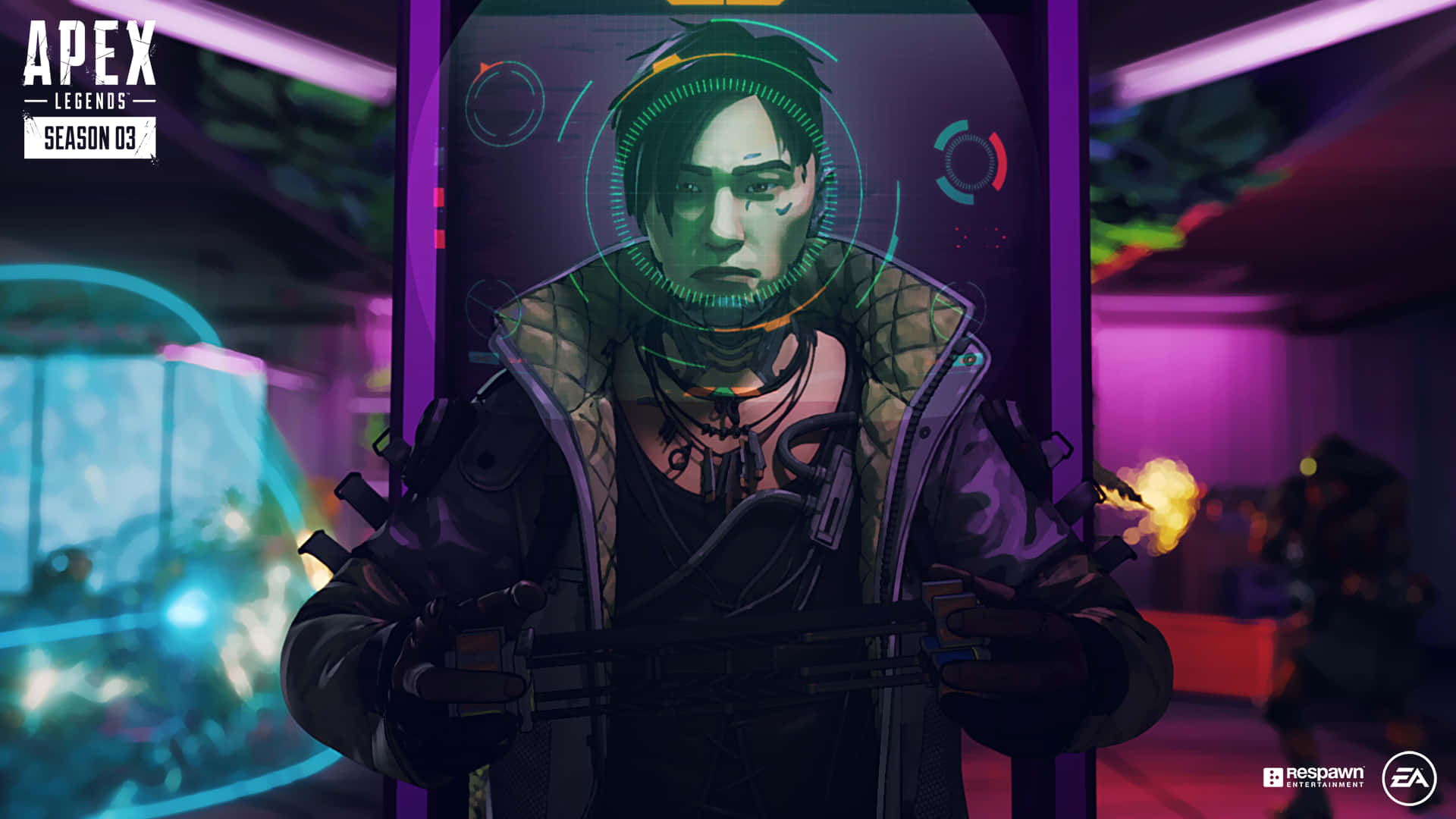 Apex Legends Crypto 桌布 壁紙 — 一個穿著未來裝備的角色站在霓虹燈照亮的遊戲競技場中，背景有發光的全息介面和熾熱的爆炸。