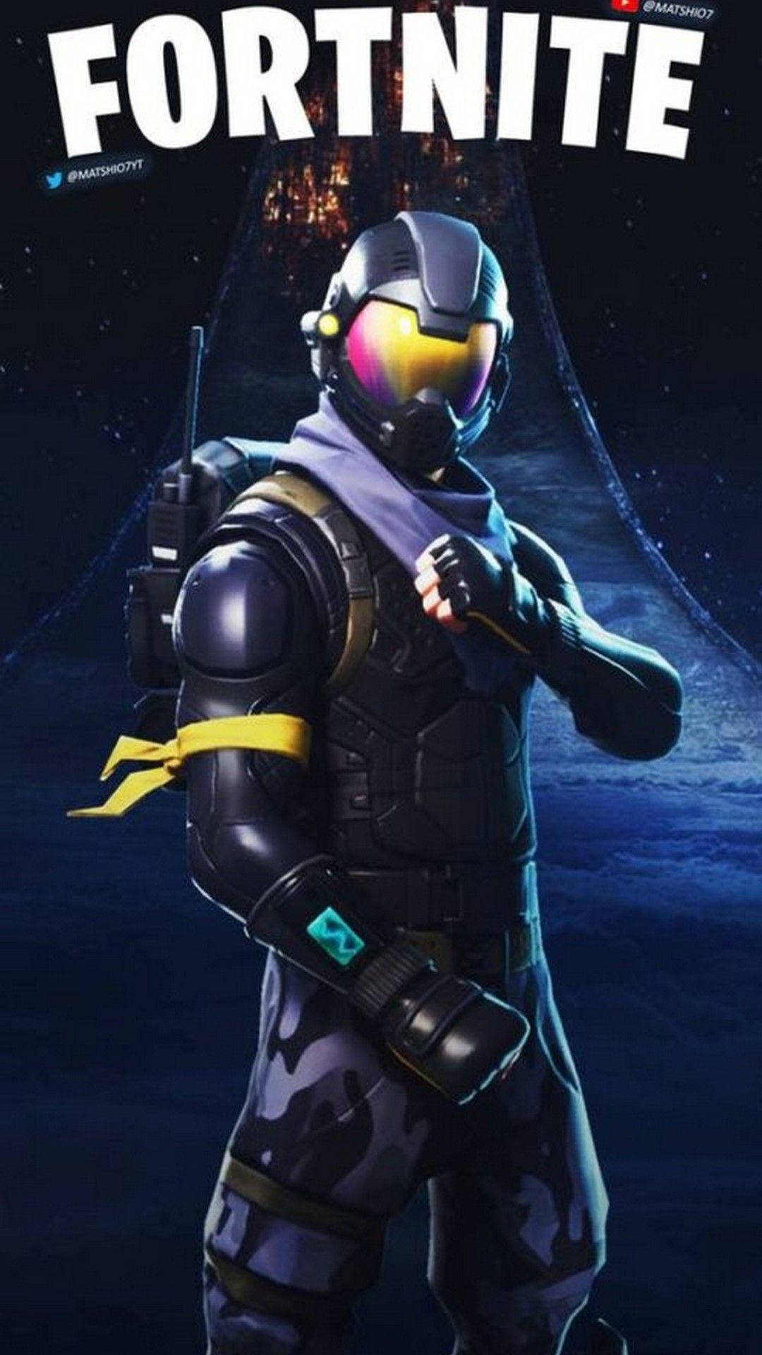 遊戲 桌布 壁紙 — 一個穿著未來裝甲的Fortnite角色自信地站在宇宙背景前，帶有發光的粉紅色護目鏡和黃色點綴。