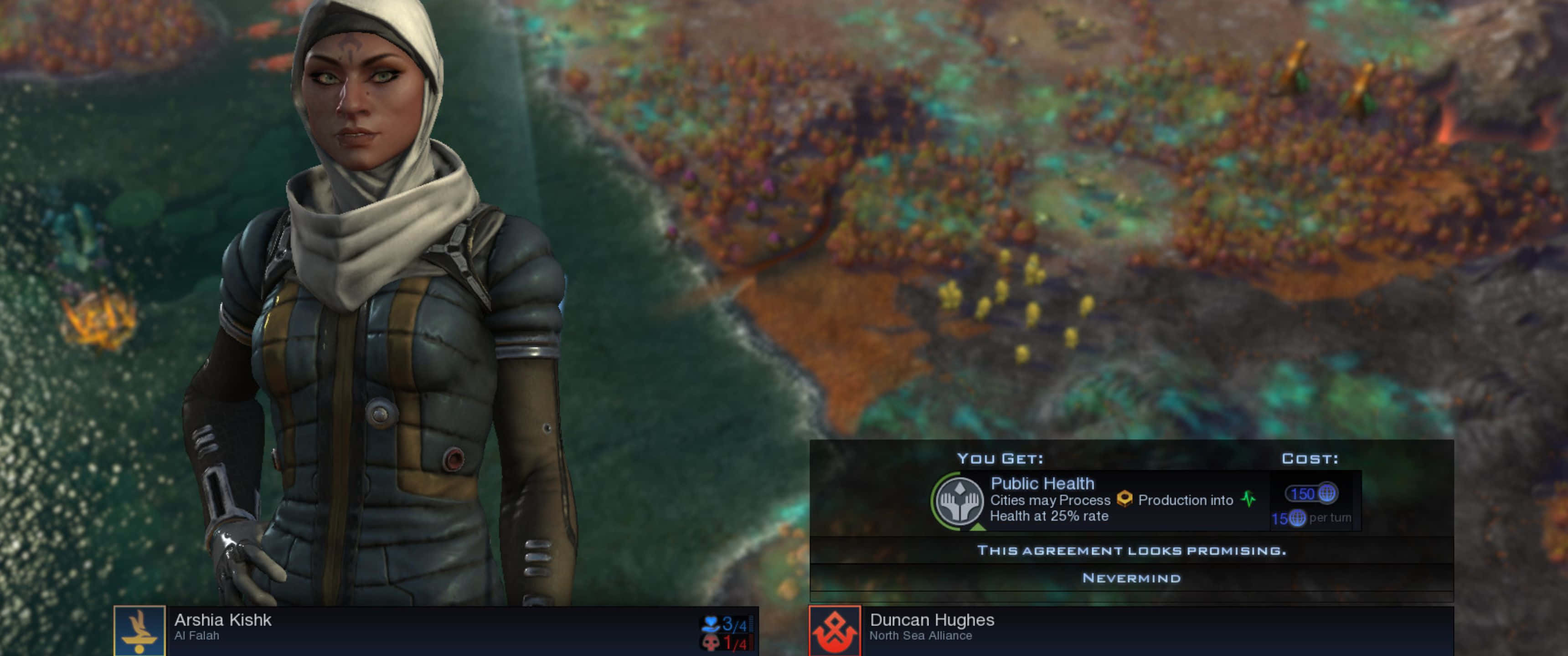 1440p Civilization Beyond Earth 桌布 壁紙 — 一個穿著未來裝甲的女性角色站在發光的外星景觀前，帶有遊戲UI疊加層。
