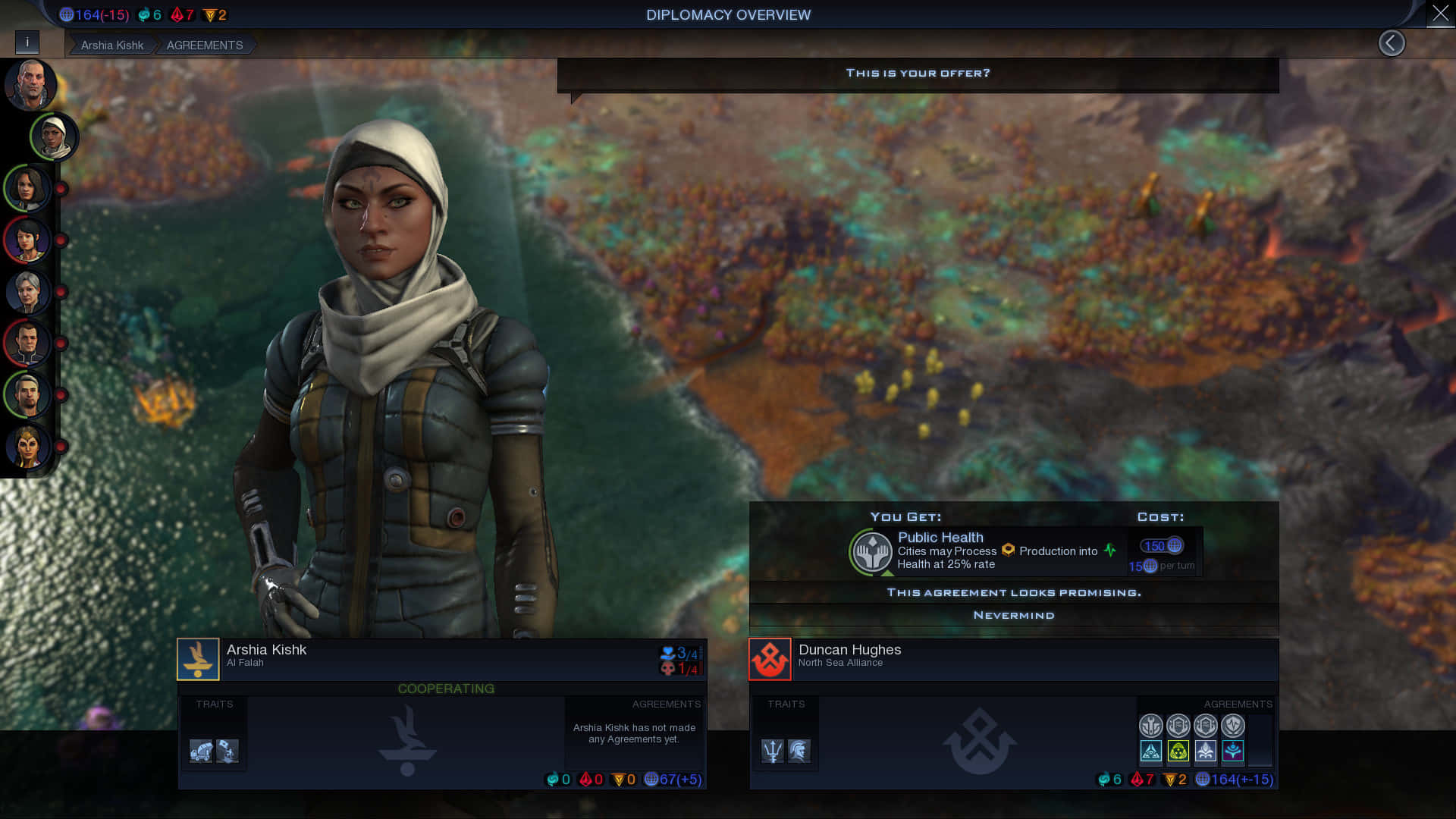 Civilization Beyond Earth 桌布 壁紙 — 一個穿著未來裝甲的女性角色站在科幻外交選單中，背景是發光的外星景觀。